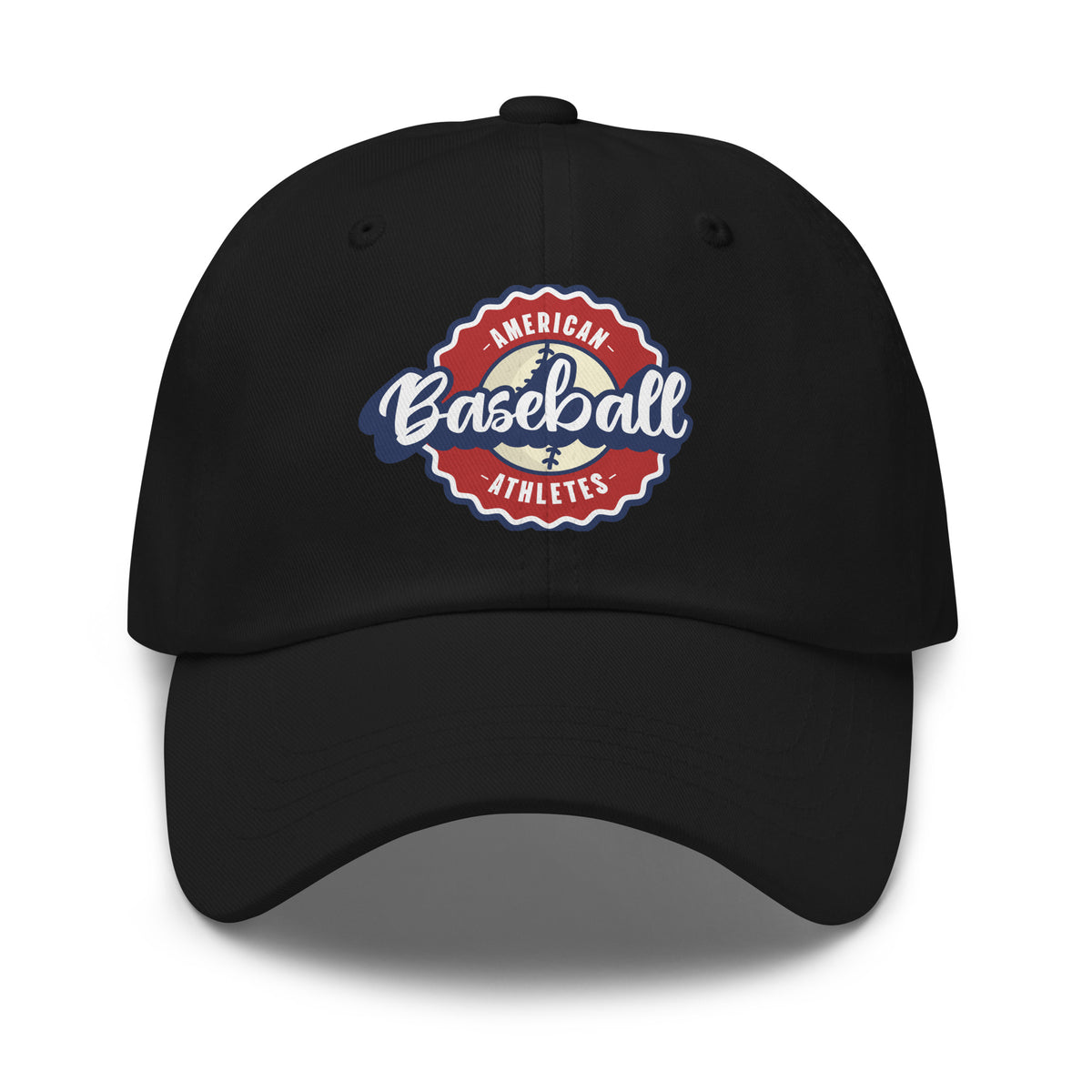 A black baseball cap featuring a circular red, white, and blue graphic on the front that reads 'American Baseball Athletes' with a baseball illustration, shown against a plain white background.