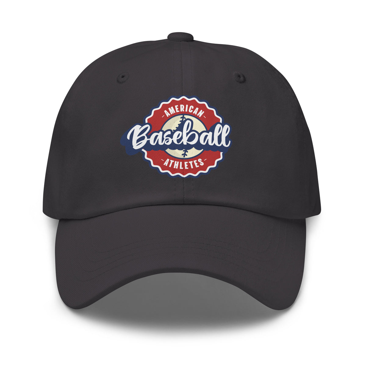 A black baseball cap featuring a circular red, white, and blue graphic on the front that reads 'American Baseball Athletes' with a baseball illustration, shown against a plain white background.