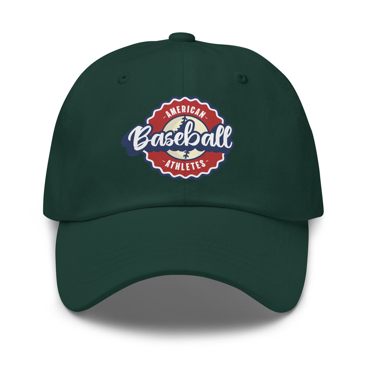 A dark green baseball cap featuring a circular 'American Baseball Athletes' logo patch on the front, set against a plain white background with a soft drop shadow.