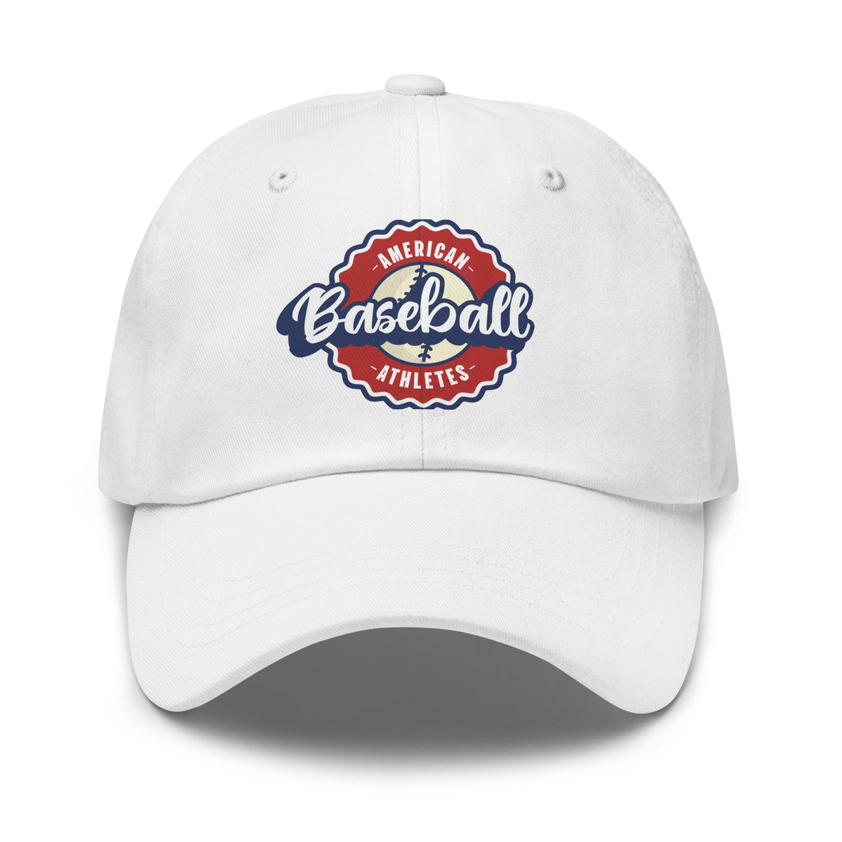 A white baseball cap featuring a circular red, white, and blue 'American Baseball Athletes' logo on the front, set against a plain white background.