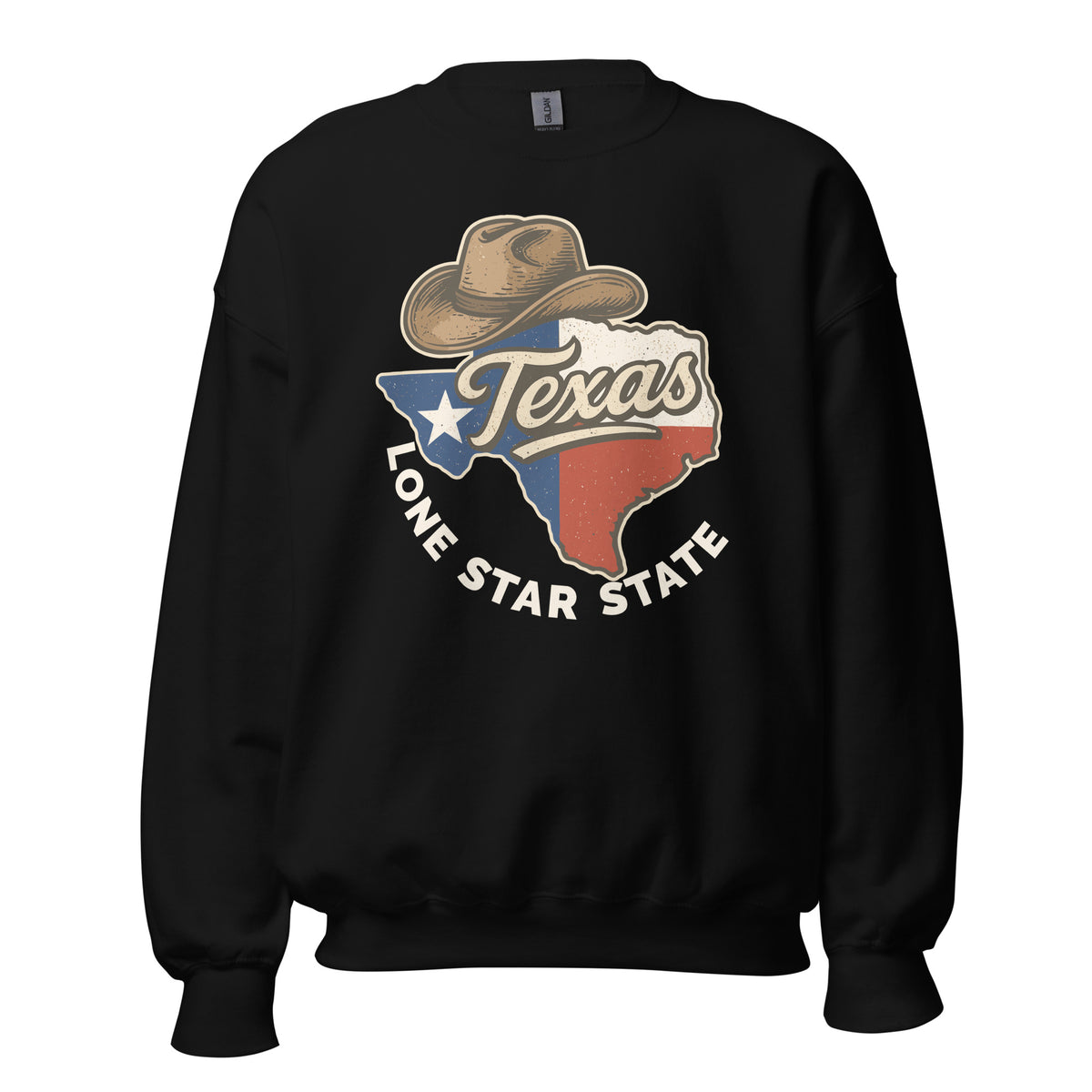 A black crewneck sweatshirt featuring a distressed graphic of the state of Texas with a cowboy hat and the words 'Texas' and 'LONE STAR STATE' on the front.