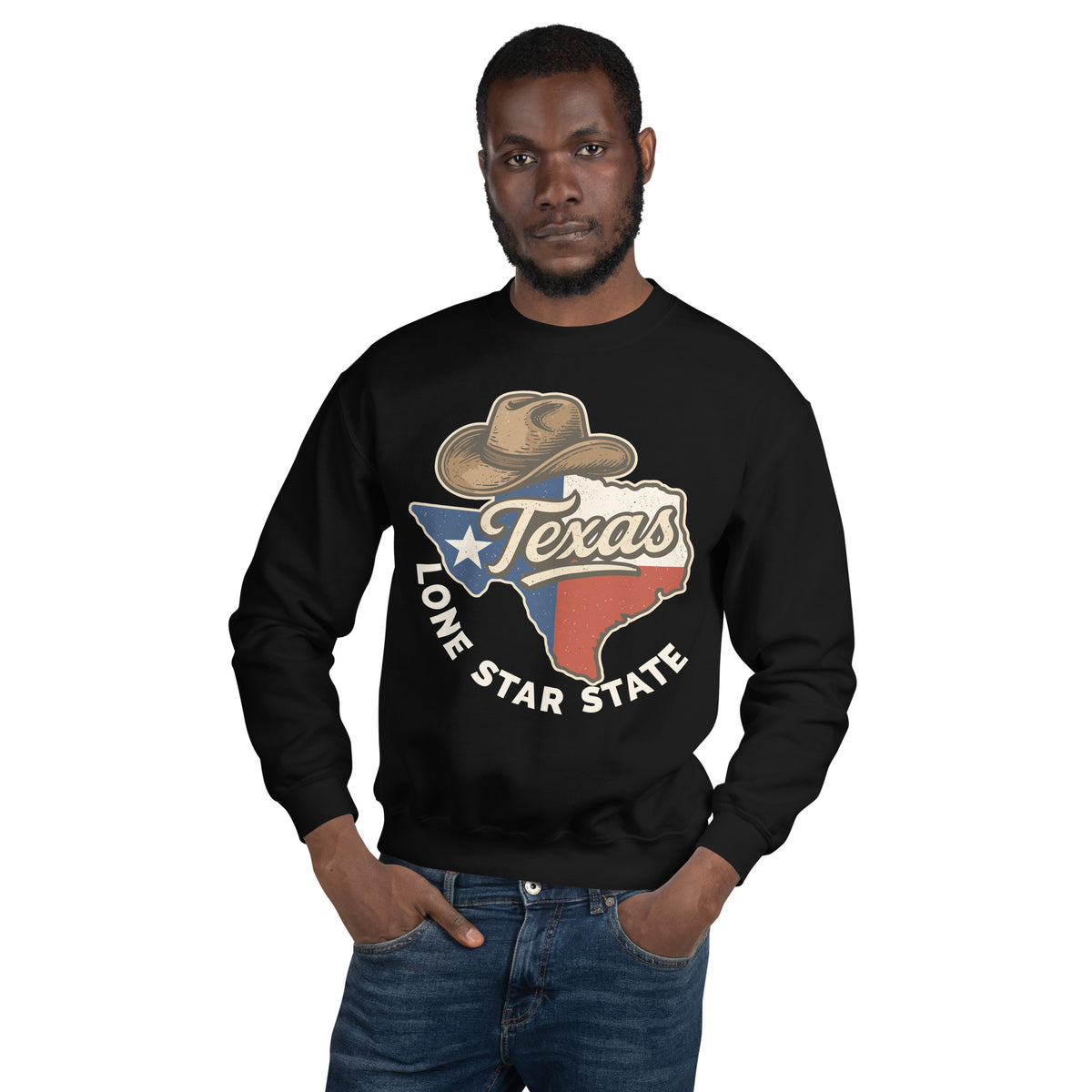 A man wearing a black crewneck sweatshirt with a graphic of the state of Texas filled with the Texas flag, topped with a cowboy hat and the words 'Texas' and 'Lone Star State'.