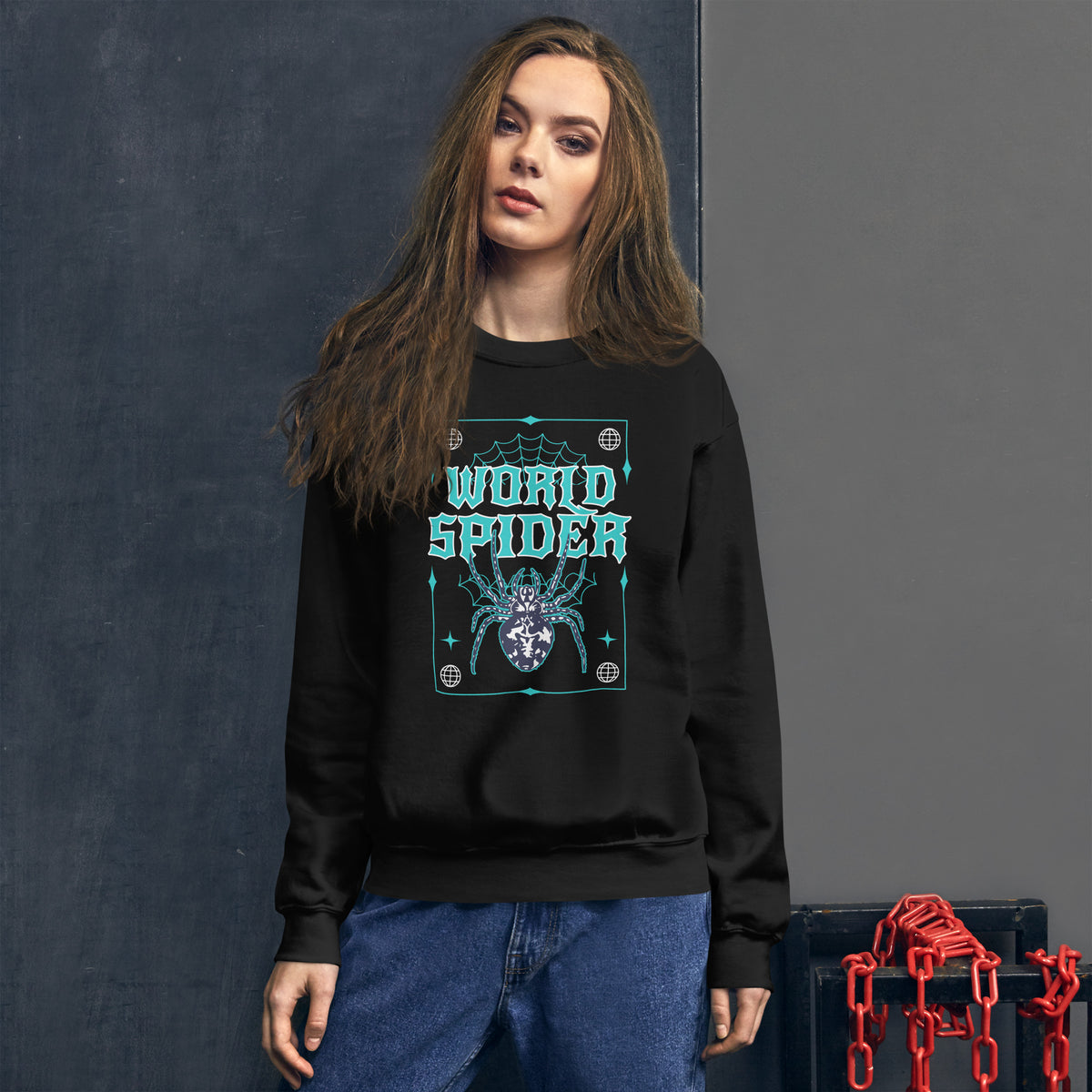Buy the Bold World Spider Y2K Streetwear Crewneck Sweatshirt Design, blending retro edge, cozy comfort, and statement style.