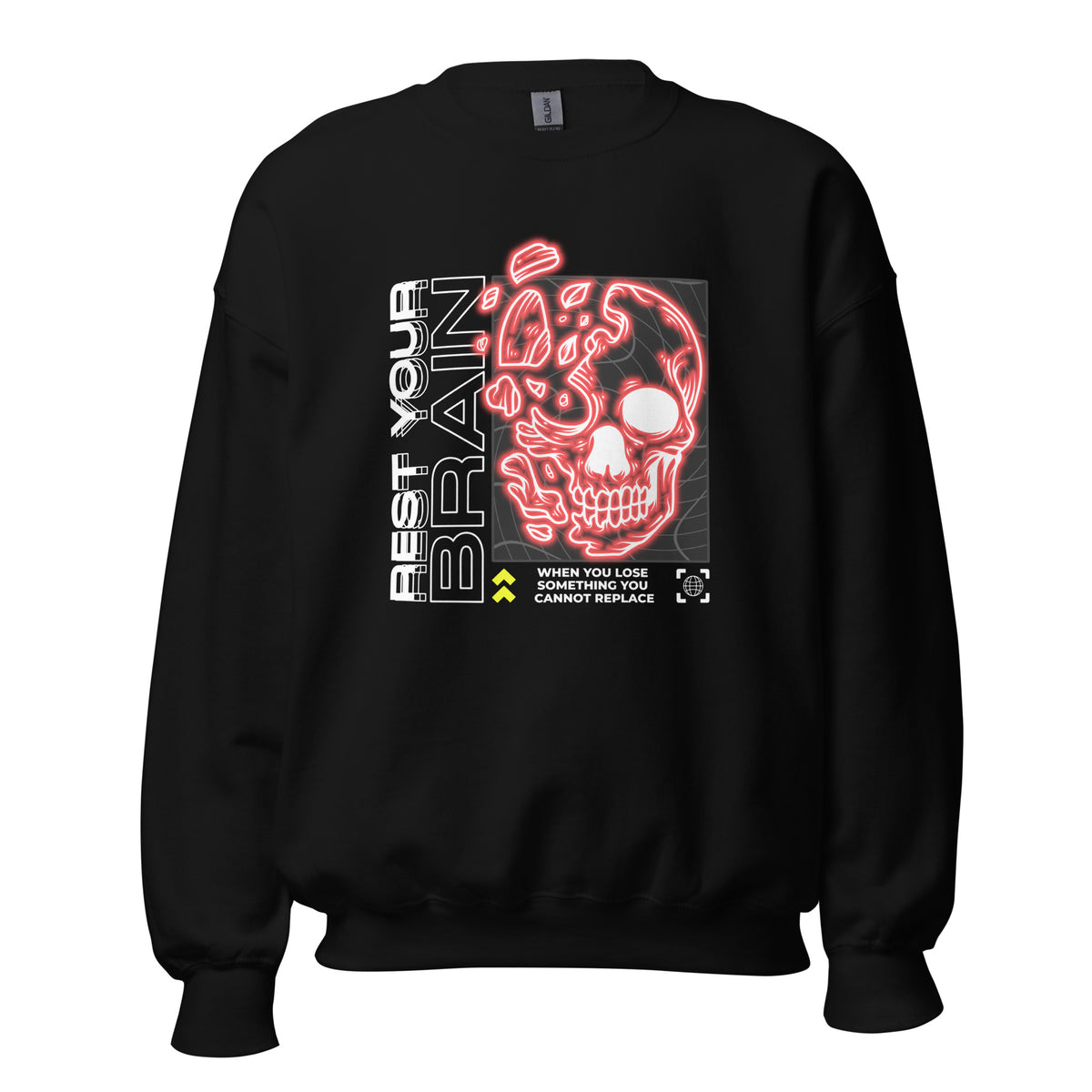 Shop online Best Casual Bold Rest Your Brain Neon Skull Crewneck Sweatshirt, featuring vivid graphics, cozy comfort, and standout everyday style.