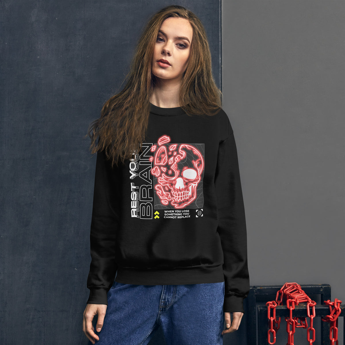 Purchase the Trendy Bold Rest Your Brain Neon Skull Crewneck Sweatshirt, a vibrant graphic layer made for comfort and confident style.