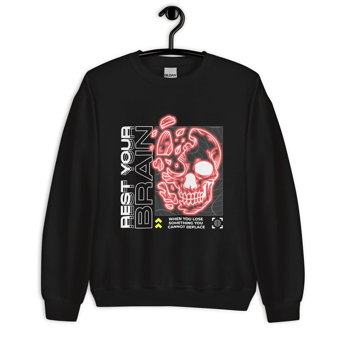 Make a statement in the Casual Bold Rest Your Brain Neon Skull Crewneck Sweatshirt, a cozy graphic pullover for relaxed days and eye-catching style.