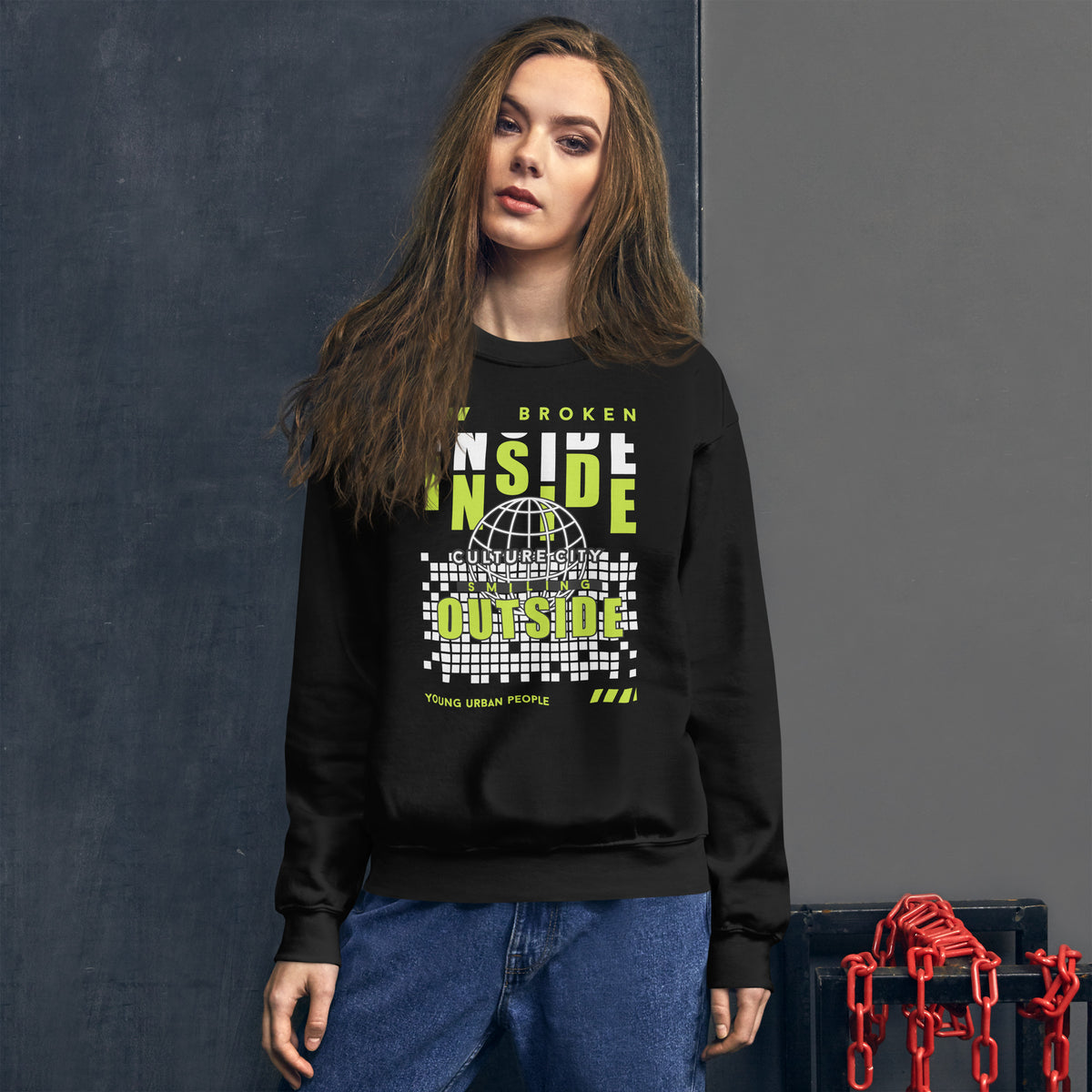 Y2K Casual Bold Broken Inside Lettering Typography Sweatshirt—a statement layer with a distressed look and cozy feel.