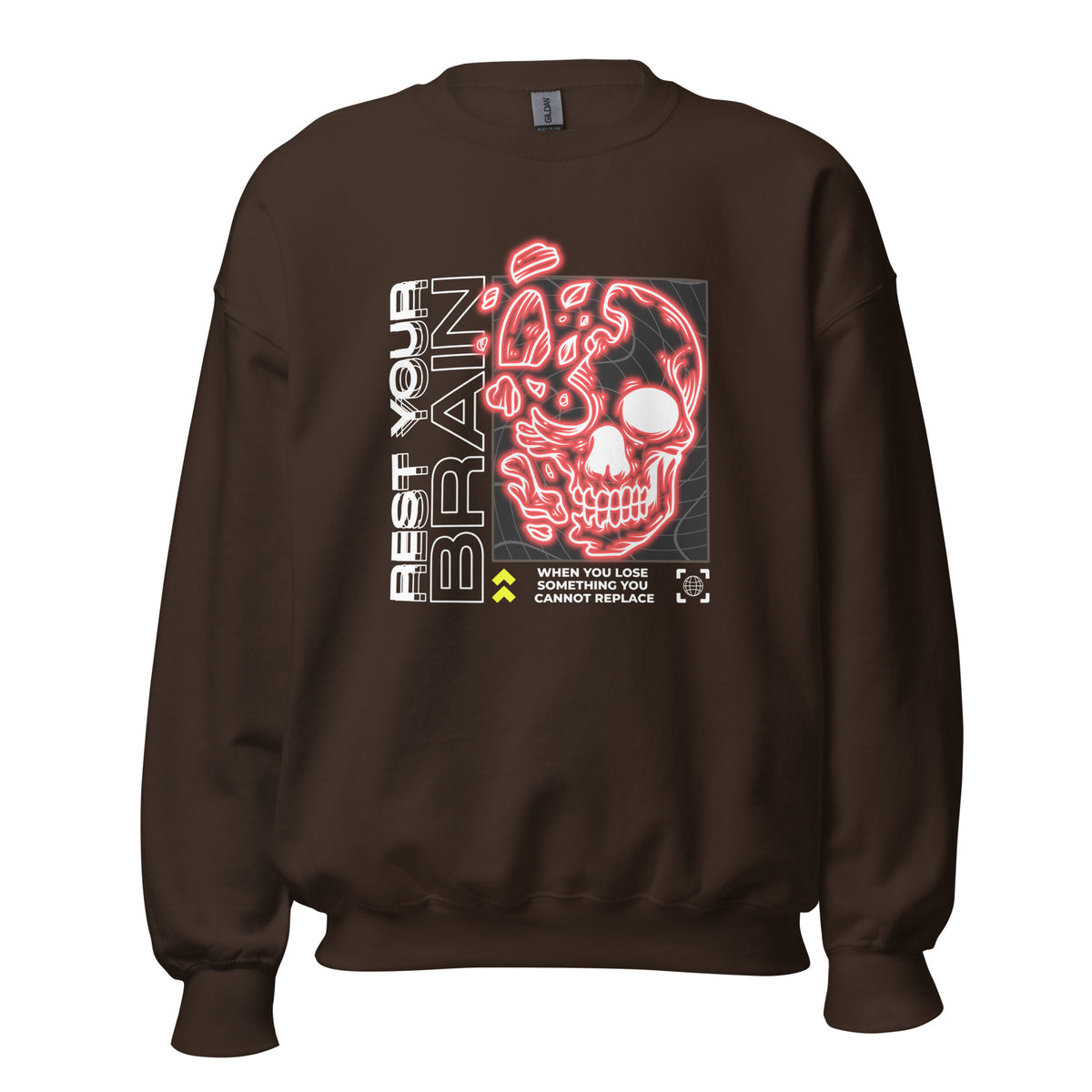 Make a statement in the Bold Rest Your Brain Neon Skull Crewneck Sweatshirt—a cozy layer for casual outfits and cool-weather days.