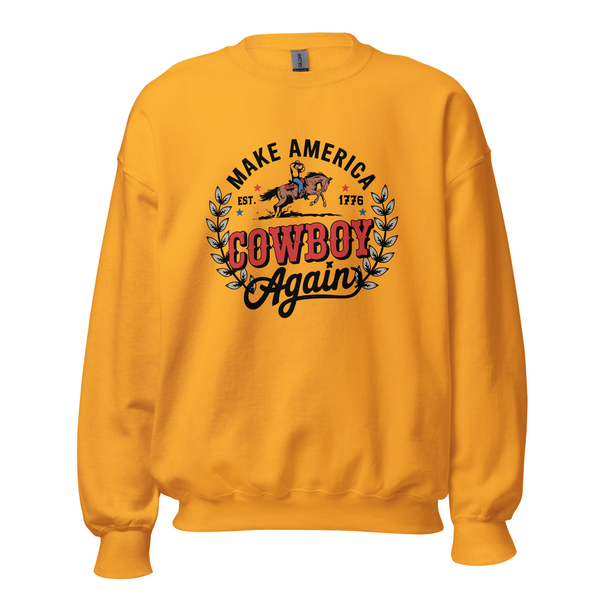 A golden yellow crewneck sweatshirt featuring a retro graphic on the chest that reads 'MAKE AMERICA COWBOY Again' with a cowboy on a bucking horse and leafy laurel branches.