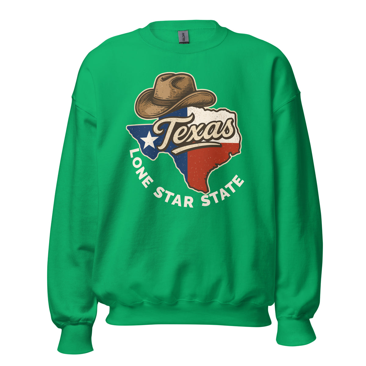 A bright green crewneck sweatshirt featuring a graphic of the state of Texas filled with the Texas flag, topped with a brown cowboy hat and the words 'Texas' and 'LONE STAR STATE' in white.