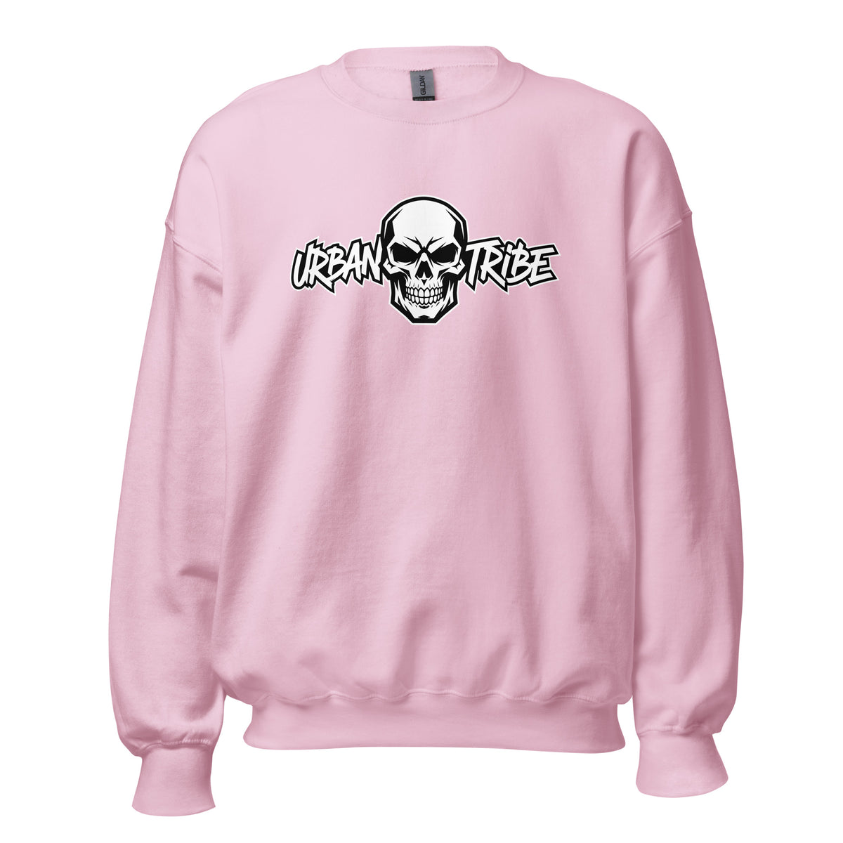 A light pink crewneck sweatshirt featuring a black and white graphic of a skull with the text 'URBAN STRIPE' across it, displayed on a clean white background.