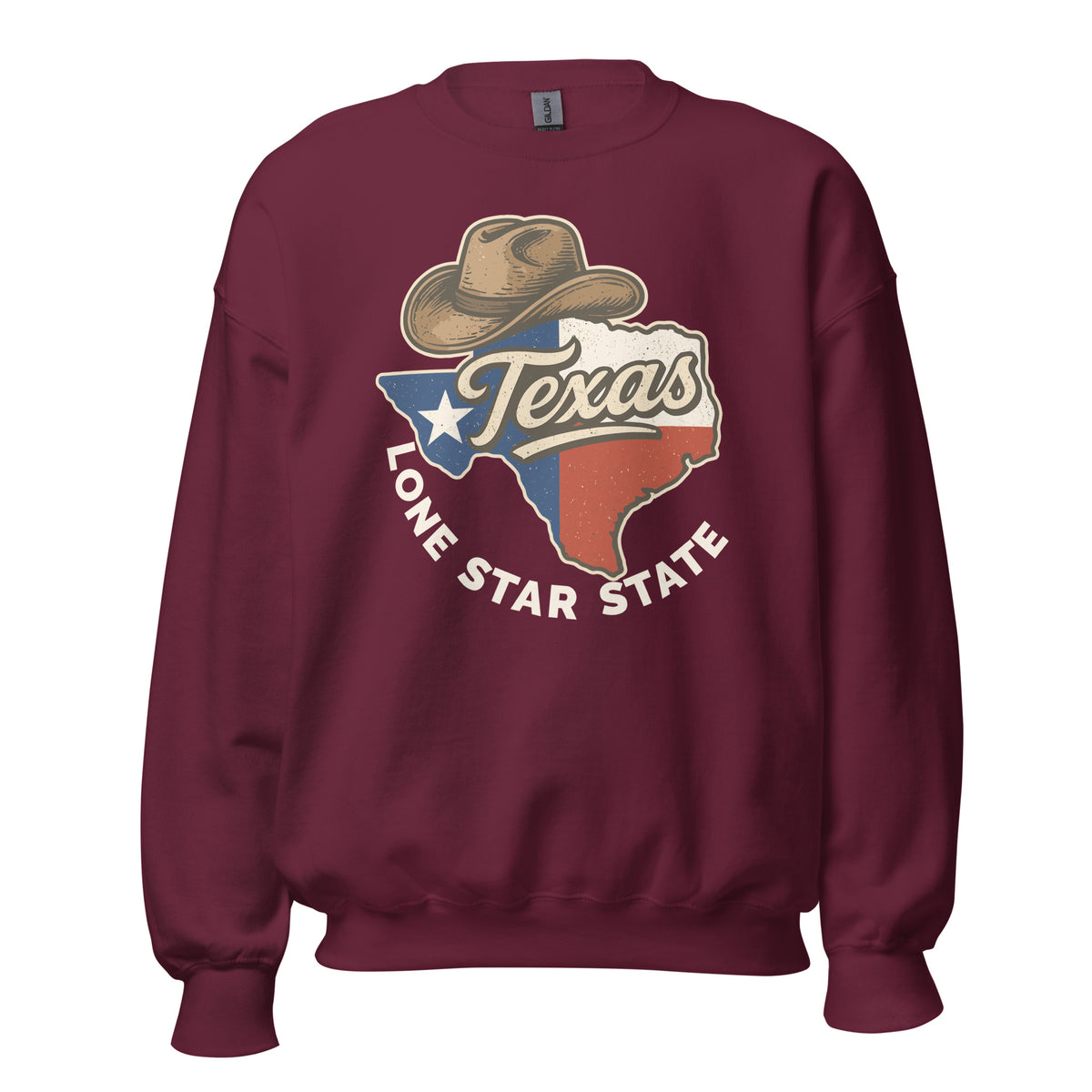 A maroon crewneck sweatshirt featuring a vintage-style graphic of the state of Texas with a cowboy hat and the words 'Texas' and 'Lone Star State' on the front.