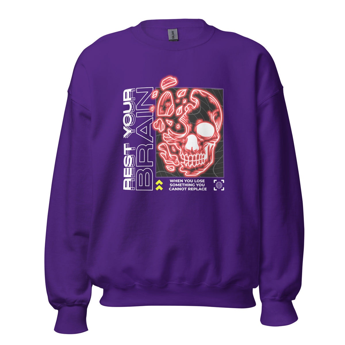 Order the Bold Rest Your Brain Neon Skull Crewneck Sweatshirt for standout comfort, vivid graphics, and an edgy everyday look.