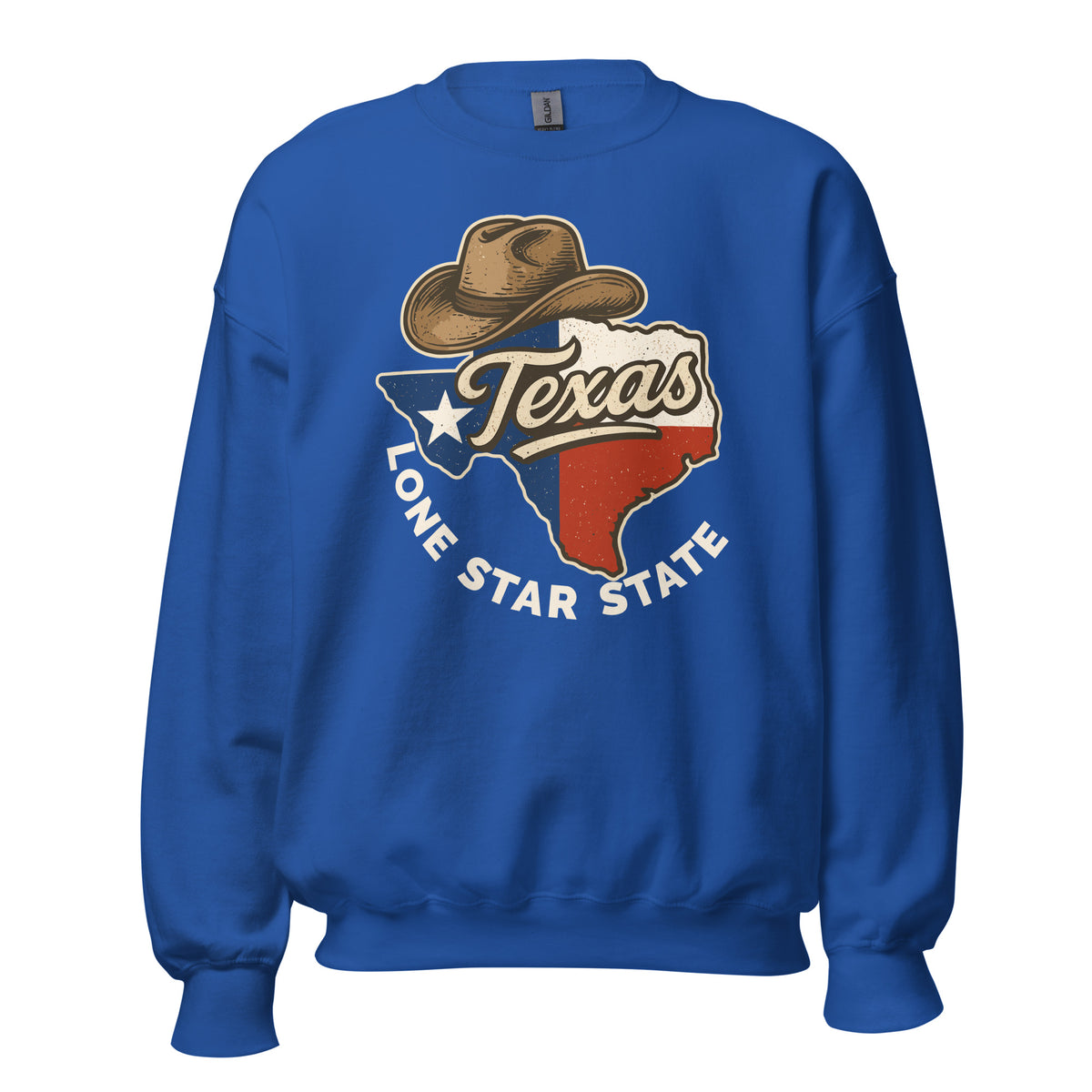 A royal blue crewneck sweatshirt featuring a graphic of the state of Texas with a cowboy hat and the words 'Texas' and 'Lone Star State' on the front.