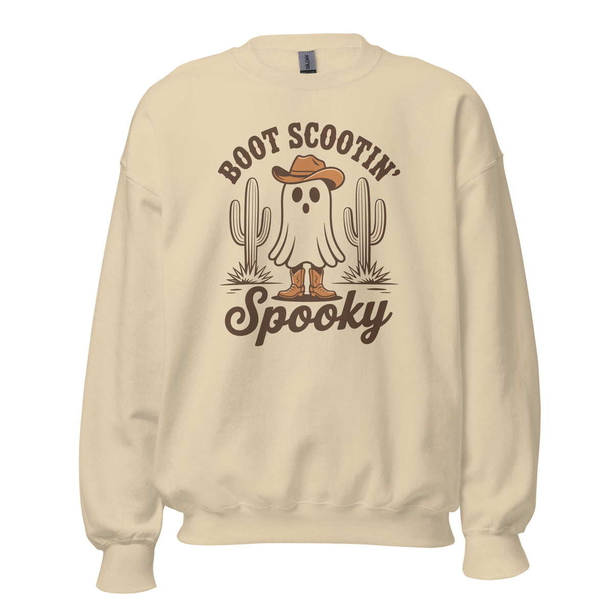 A cream-colored crewneck sweatshirt featuring a 'Boot Scootin' Spooky' graphic on the front, displayed against a solid white background.