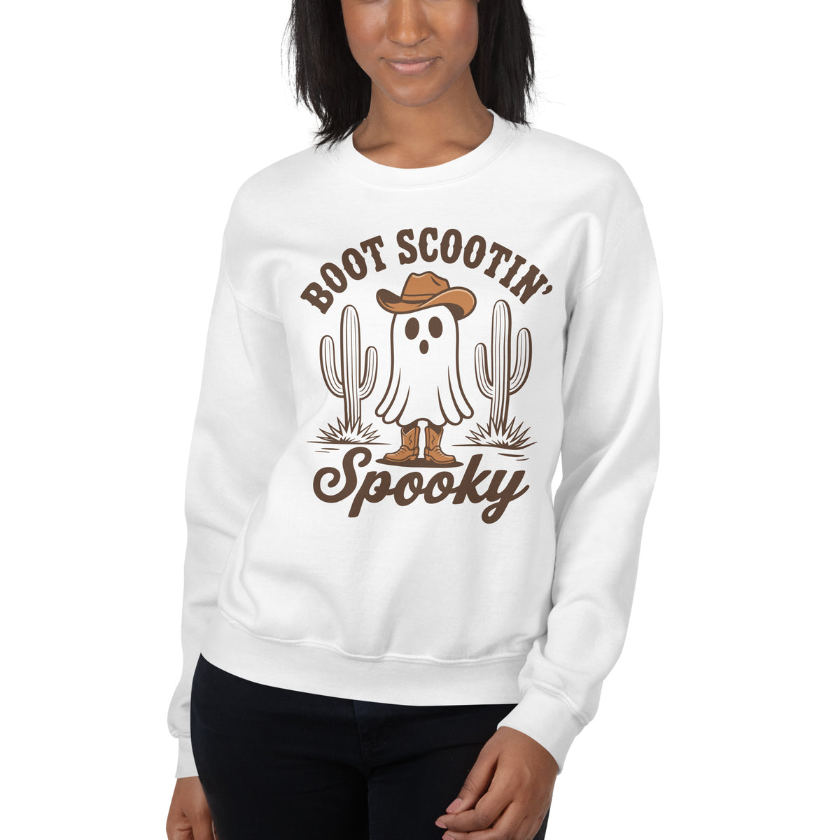Shop Best Boot Scootin’ Spooky Western Halloween Sweatshirt Festive Wear for a playful western twist on cozy fall fashion, perfect for spooky season.