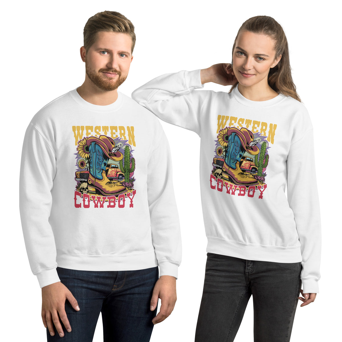 A man and a woman modeling matching white crewneck sweatshirts with a colorful 'Western Cowboy' graphic on the chest, set against a plain white background.