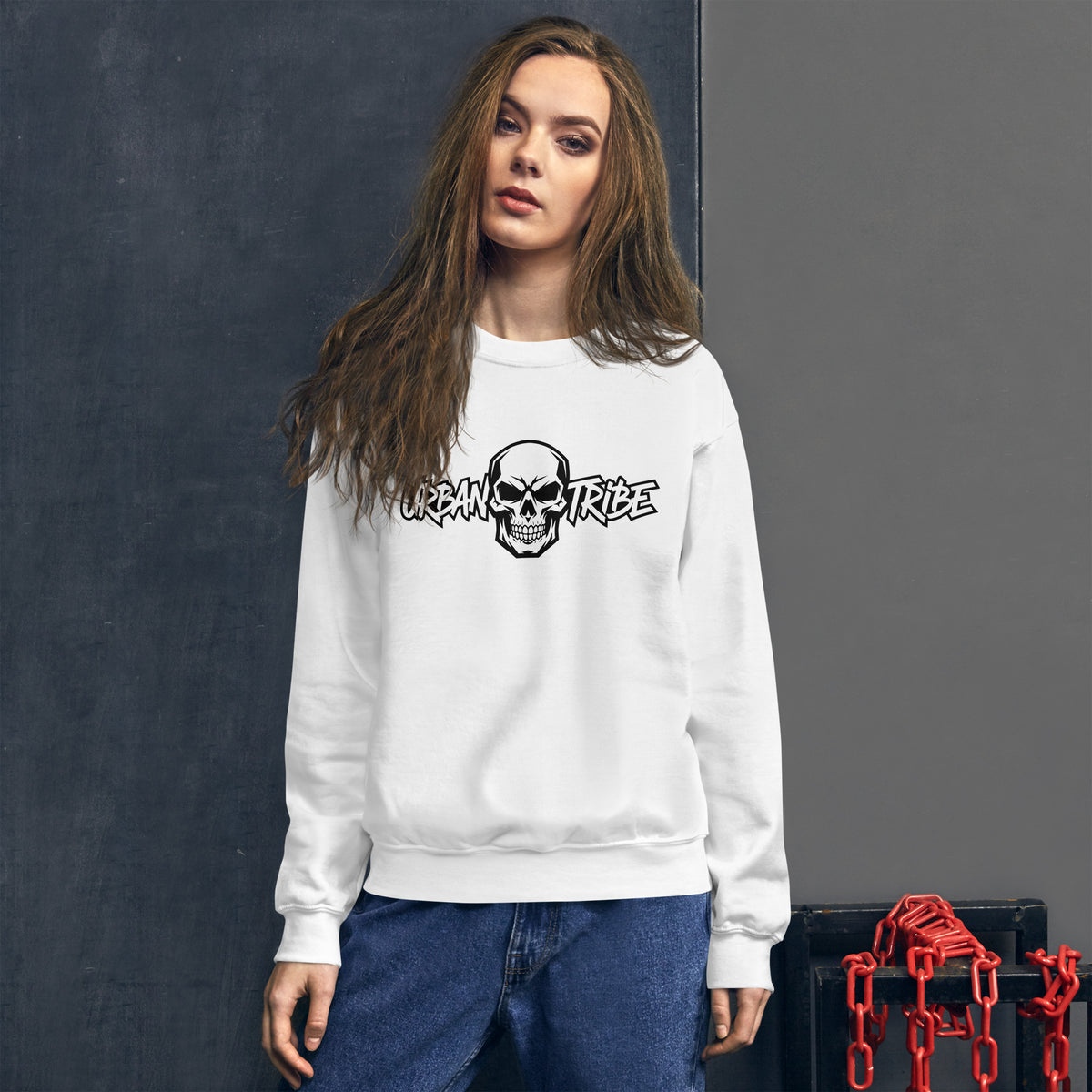 Make a statement in the Urban Tribe Skull Typography Lettering Sweatshirt, featuring an edgy skull design and bold urban-inspired appeal.
