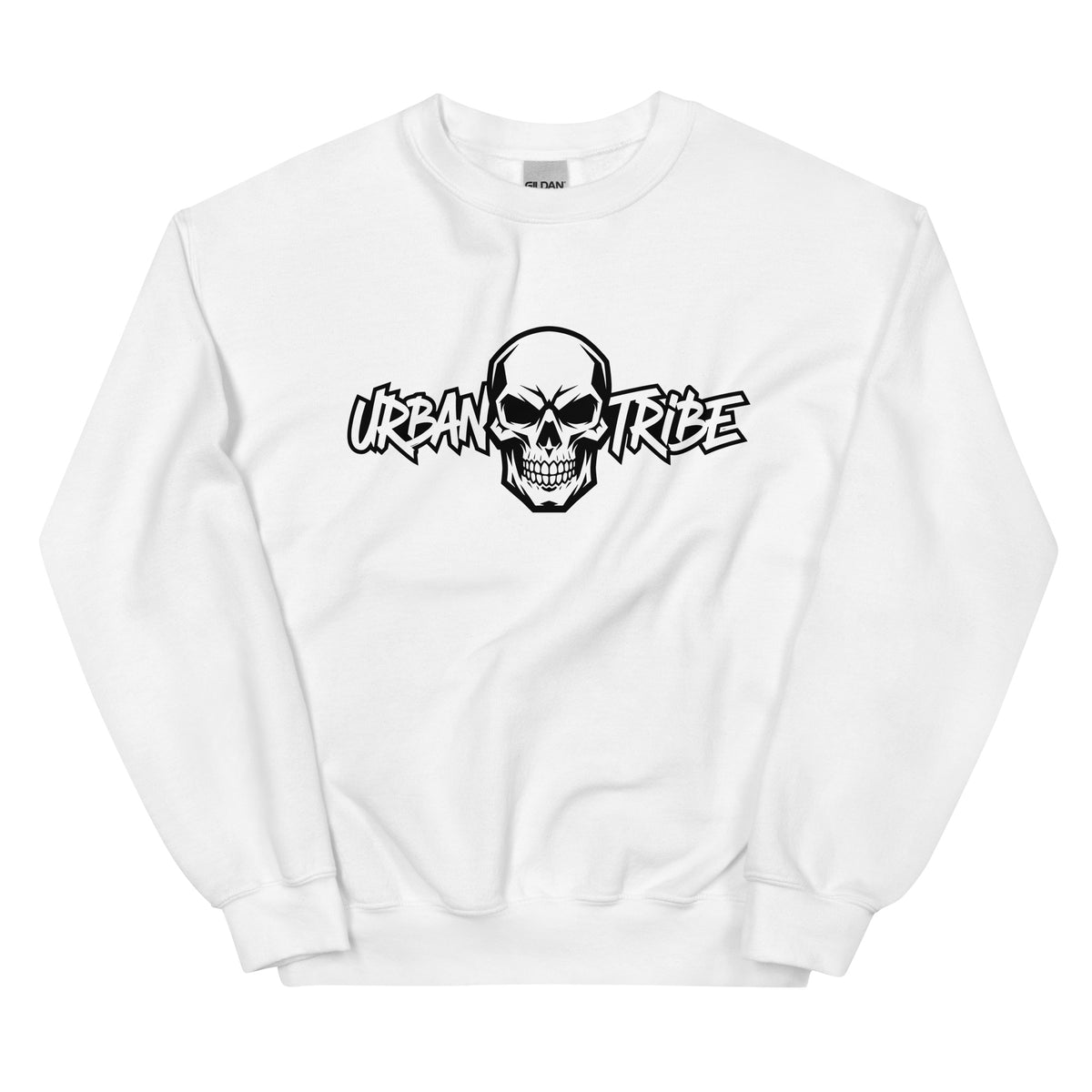 A white crewneck sweatshirt featuring a black graphic print of a skull and the text 'URBAN TRIBE' on the chest, displayed against a solid white background.