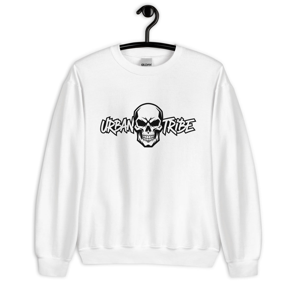 A white crewneck sweatshirt hanging on a black hanger against a white background, featuring a black graphic of a skull with the text 'URBAN STRIKE' across it.