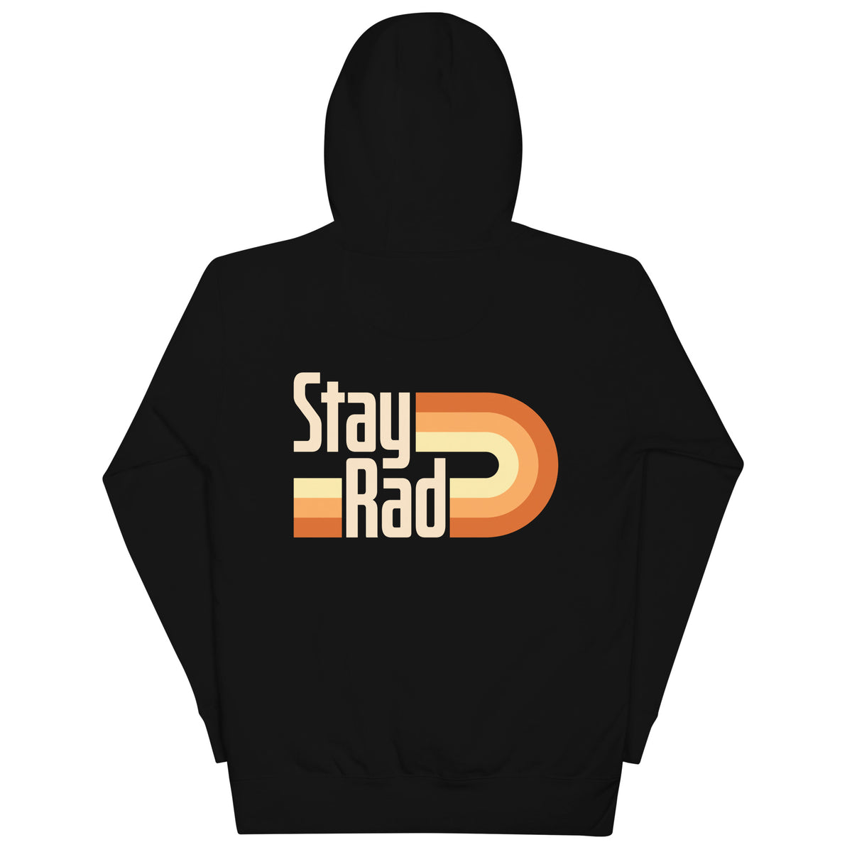A black pullover hoodie shown from the back, featuring a retro-style graphic on the upper back with the words 'Stay Rad' in white and orange over a layered orange and yellow arc design.