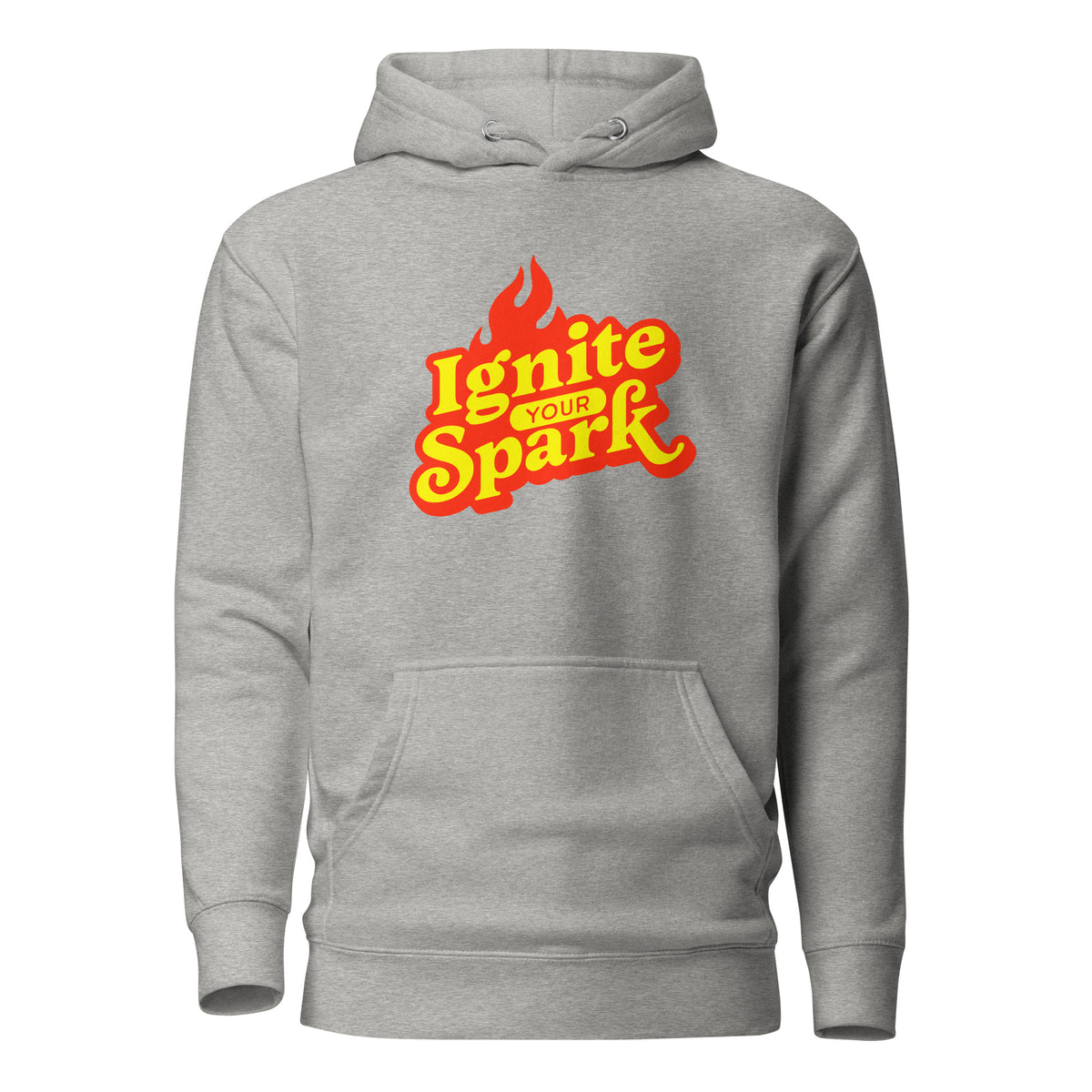 A light heather gray pullover hoodie featuring a bold graphic on the chest that reads 'Ignite Your Spark' in yellow and orange lettering with red flame accents, shown against a plain white background.