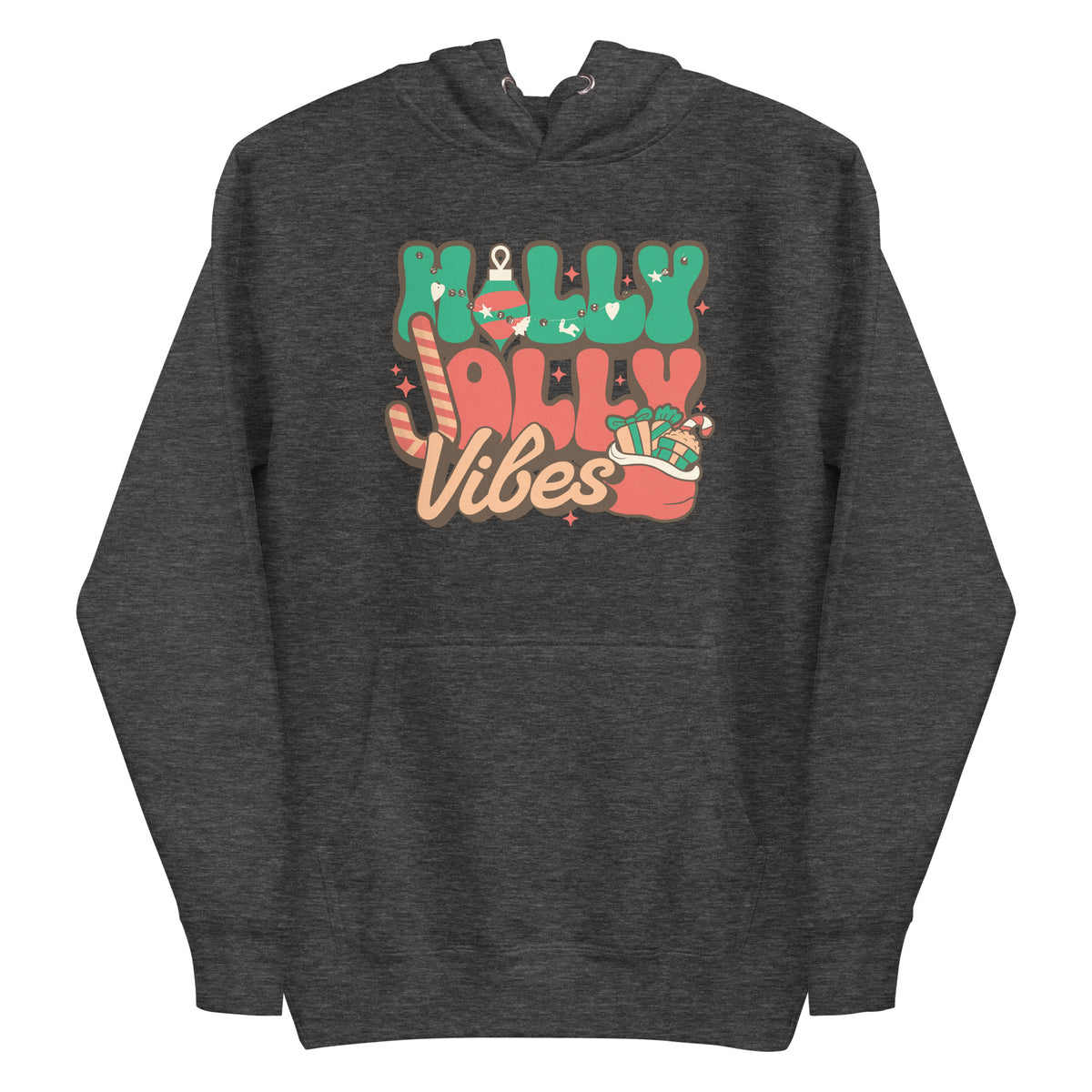 A dark heather gray hoodie featuring a colorful retro Christmas graphic on the chest that reads 'Holly Jolly Vibes' with candy cane, stocking, and star details, shown against a plain white background.