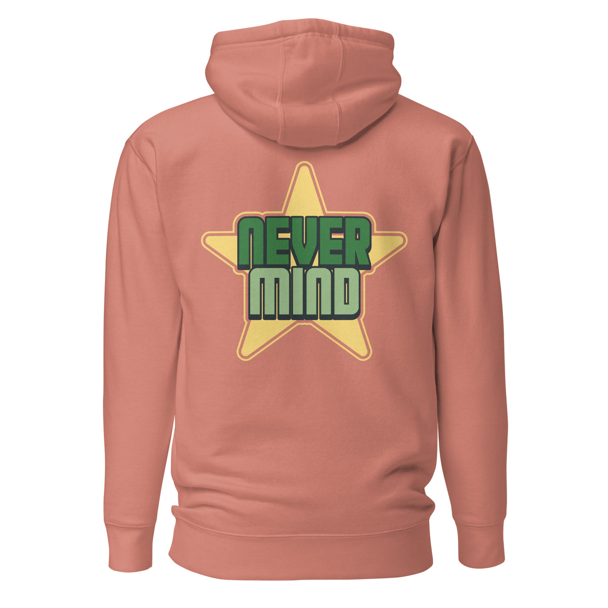 A peach-colored hoodie shown from the back, featuring a large graphic of a yellow star with the words 'NEVER MIND' in green and light green block letters.
