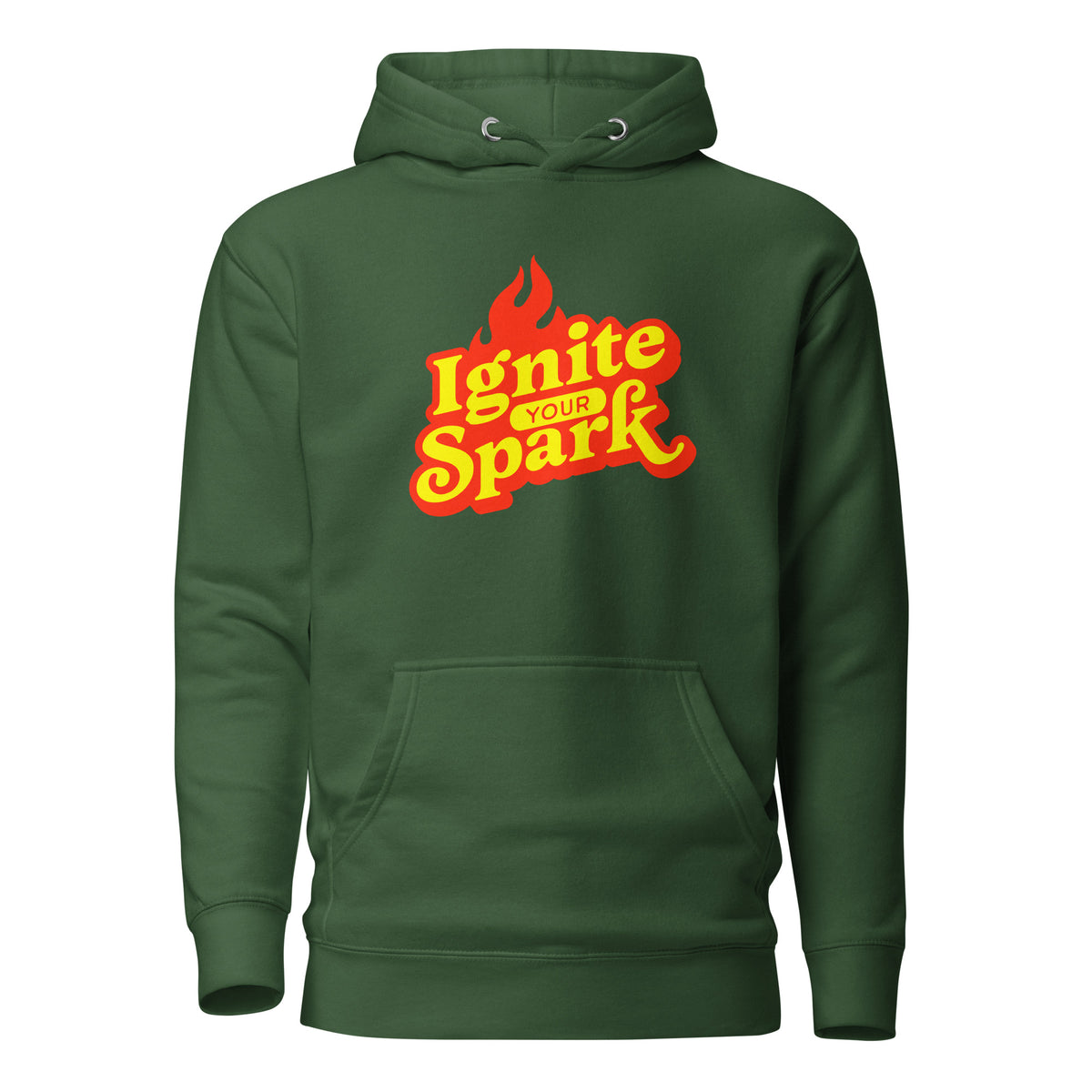 A dark green pullover hoodie with a front kangaroo pocket and a graphic on the chest that reads 'Ignite Your Spark' in yellow and orange lettering with a flame icon above it, shown on a plain white background.