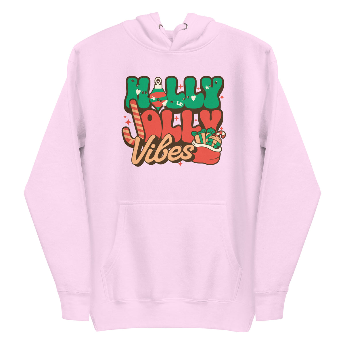 A light pink pullover hoodie with a colorful graphic on the chest that reads 'Holly Jolly Vibes' in festive green, red, and brown lettering, shown on a plain white background.