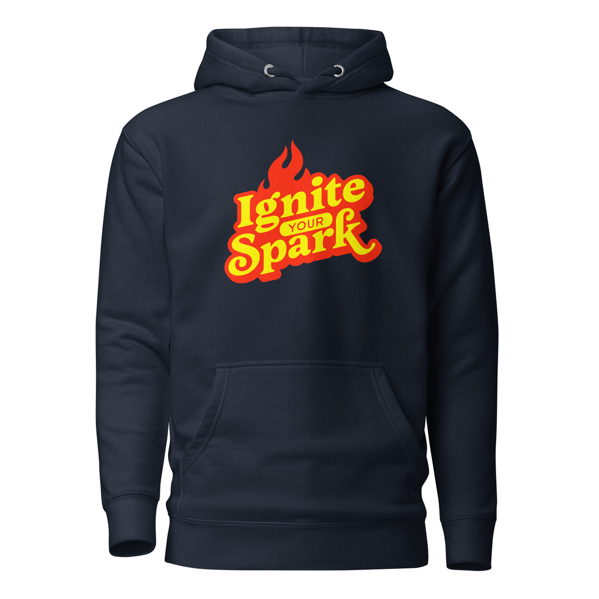 A navy blue pullover hoodie with a front kangaroo pocket and a graphic on the chest that reads 'Ignite Your Spark' in yellow and orange with a red flame design, shown on a plain white background.