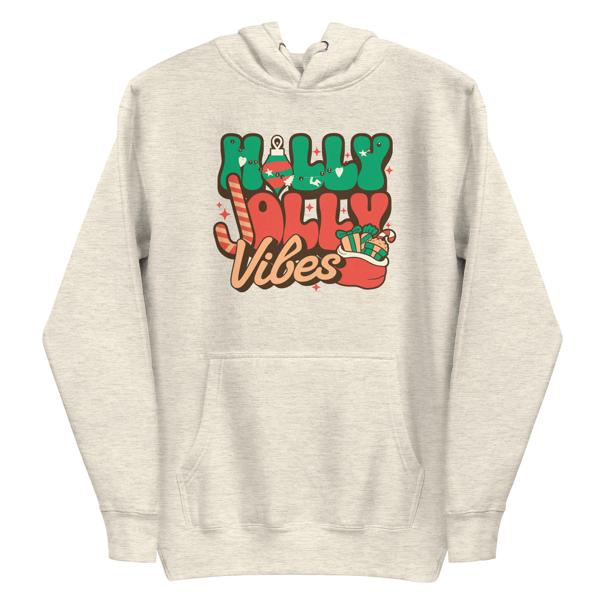 A light heather gray pullover hoodie with a colorful 'Holly Jolly Vibes' graphic on the chest, featuring festive red, green, and brown holiday illustrations.
