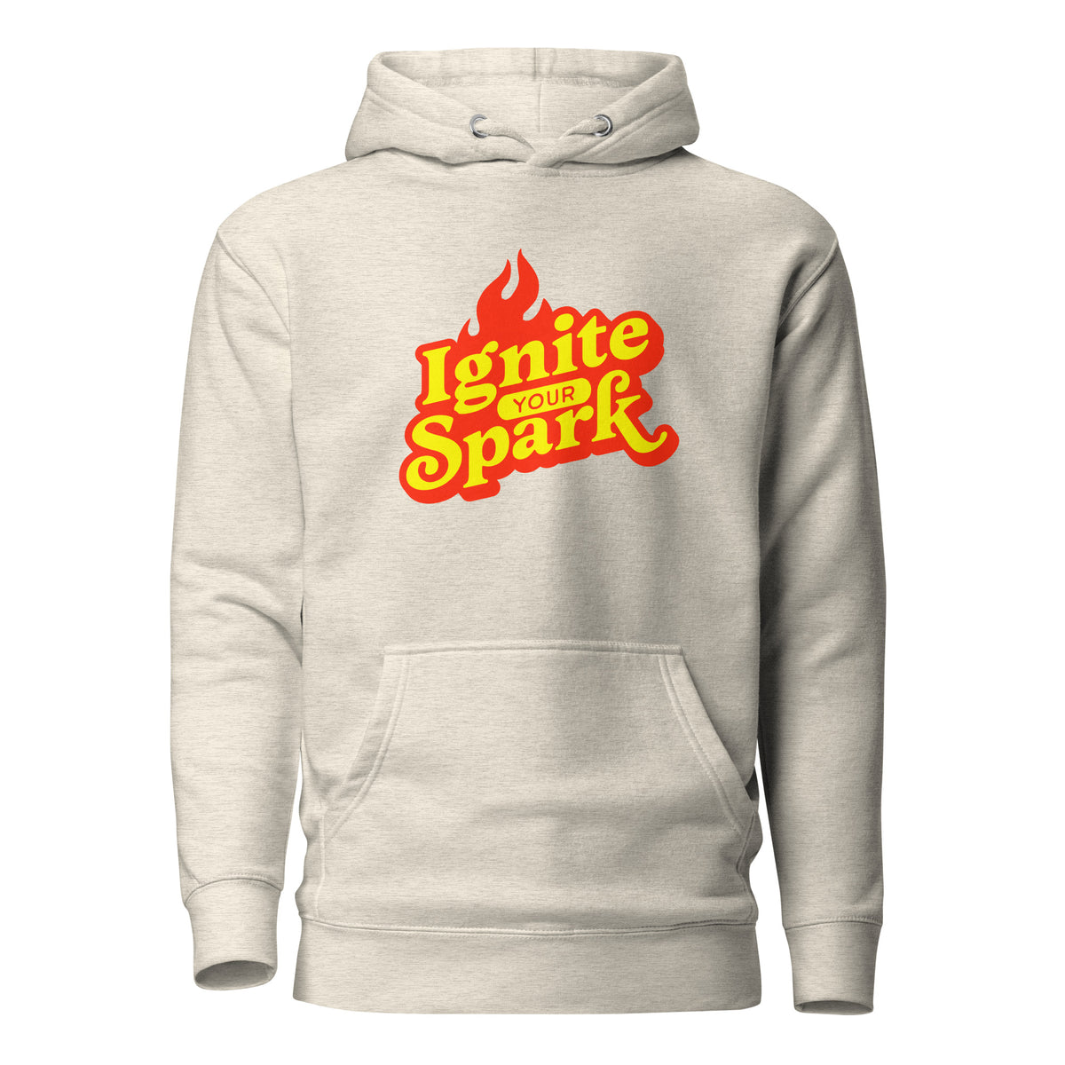 A light heather gray pullover hoodie with a front kangaroo pocket and a graphic on the chest that reads 'Ignite Your Spark' in yellow and red with a flame icon, shown on a plain white background.