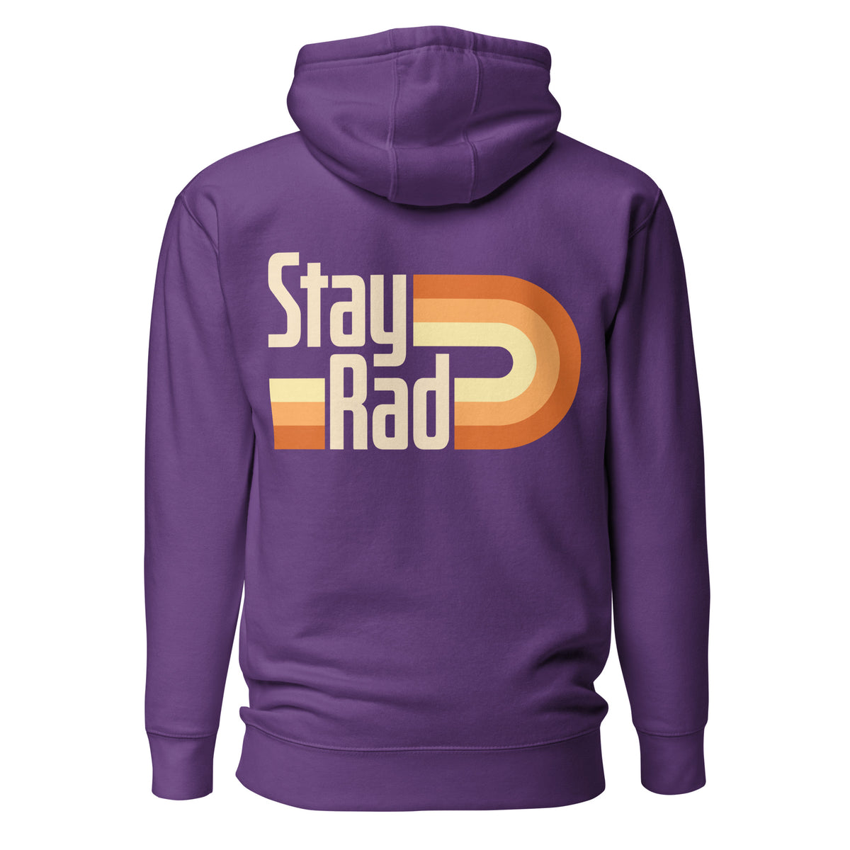 A purple pullover hoodie shown from the back, featuring a retro-style graphic with the words 'Stay Rad' in white over orange and yellow striped blocks.