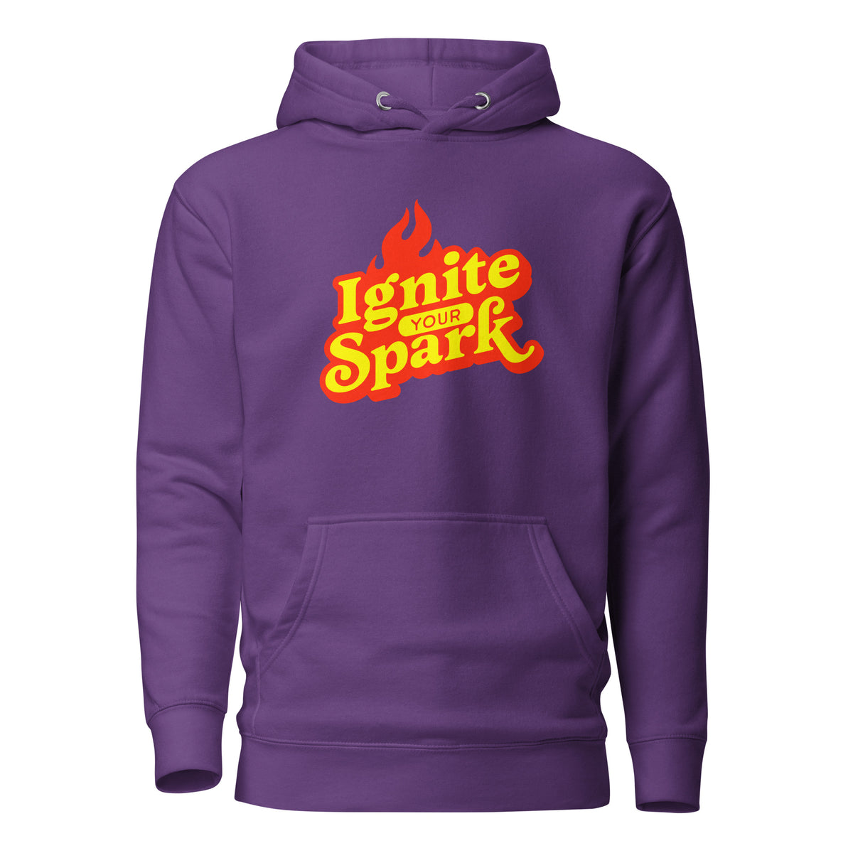 A purple pullover hoodie with a front kangaroo pocket and a graphic on the chest that reads 'Ignite Your Spark' in yellow and red with a flame icon, shown on a plain white background.