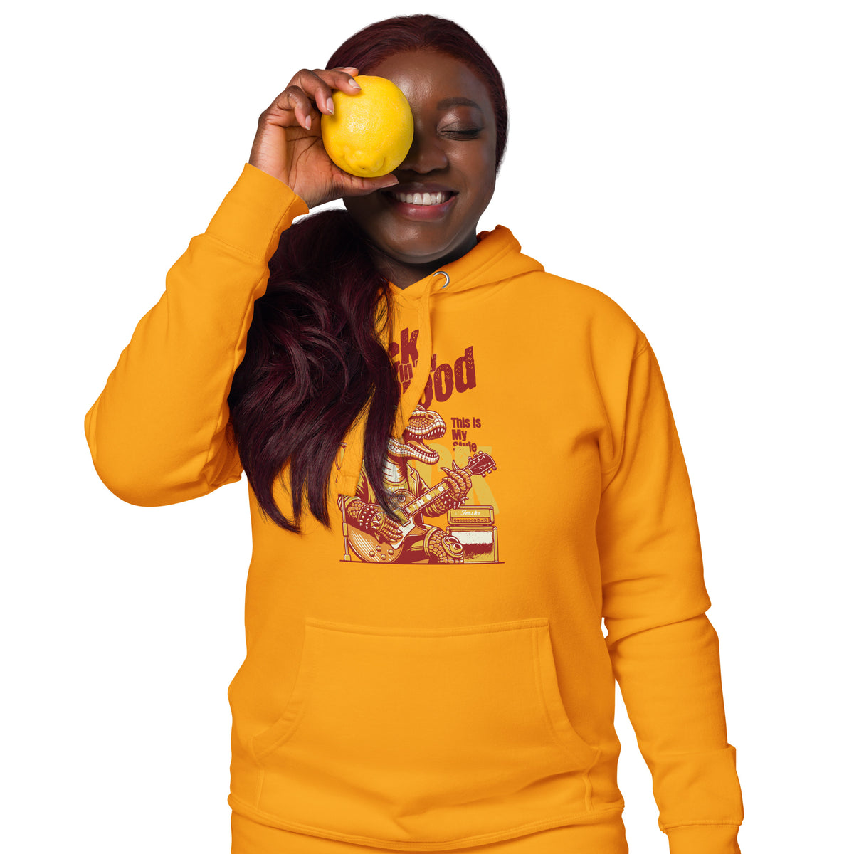 Introducing the "Rock in My Blood" Rocker T-Rex Graphic Unisex Hoodie! This stylish and comfortable hoodie features a bold T-Rex graphic that embodies the spirit of rock 'n' roll. Made from soft, high-quality fabric, it’s perfect for both concerts and casual outings. Available in various sizes, it's designed to fit everyone. Show off your love for rock music and prehistoric power in this unique piece!