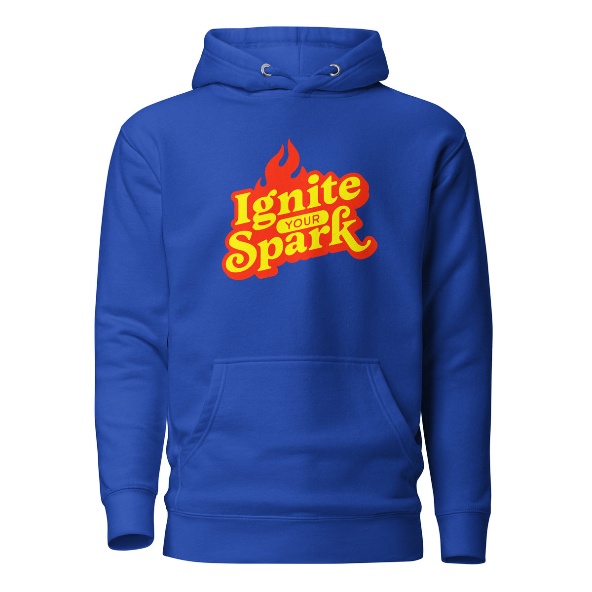 A royal blue pullover hoodie with a front kangaroo pocket and a graphic on the chest that reads 'Ignite Your Spark' in yellow and orange lettering with a flame icon above it, shown on a plain white background.