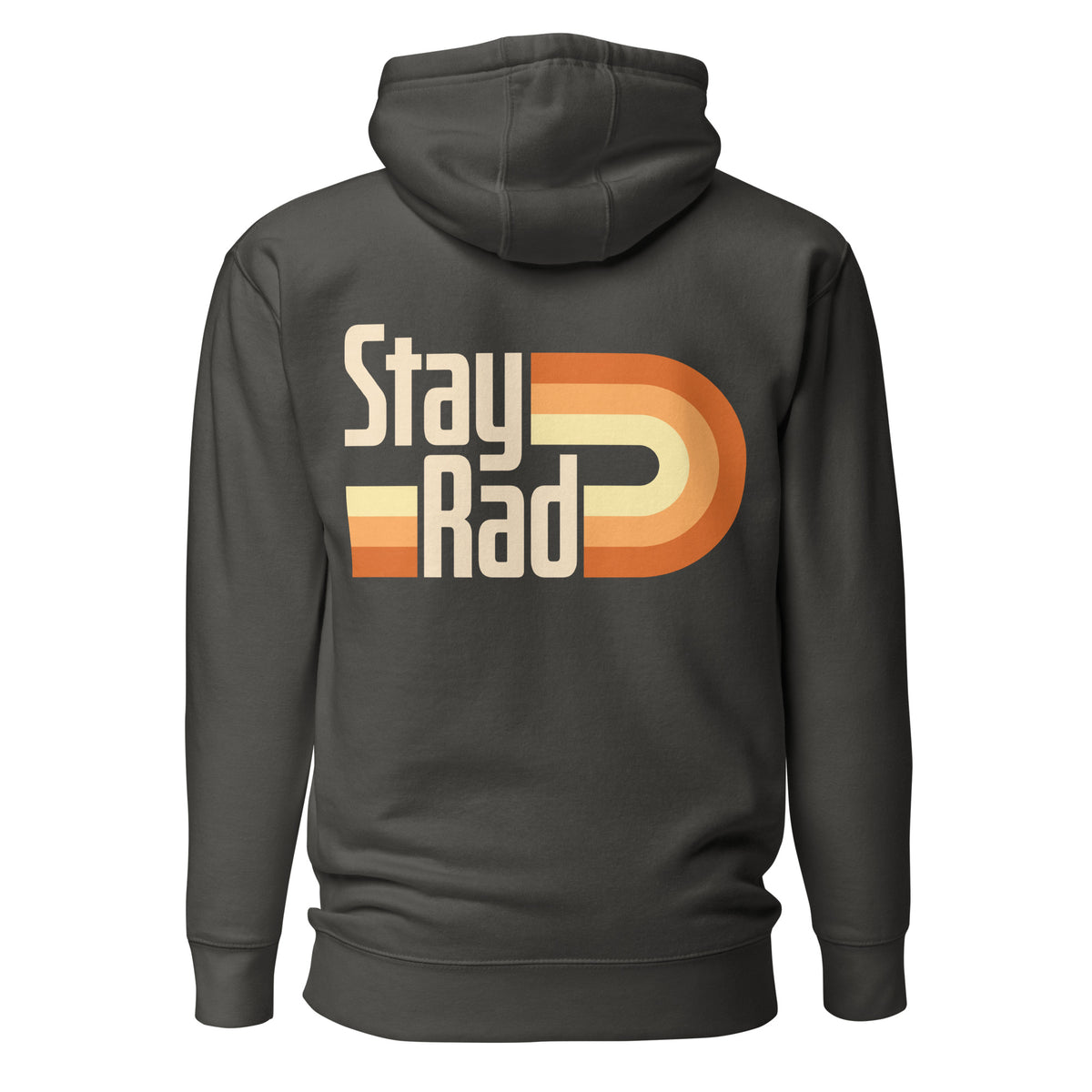 A dark charcoal gray hoodie shown from the back, featuring a retro-style graphic with the words 'Stay Rad' in beige over a striped D-shape in orange, cream, and beige.