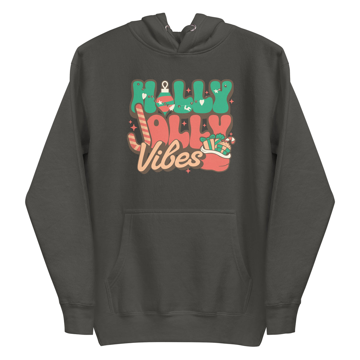 A dark charcoal gray pullover hoodie with a colorful retro Christmas graphic on the chest that reads 'Holly Jolly Vibes' in green, orange, and beige lettering with candy cane and stocking illustrations.