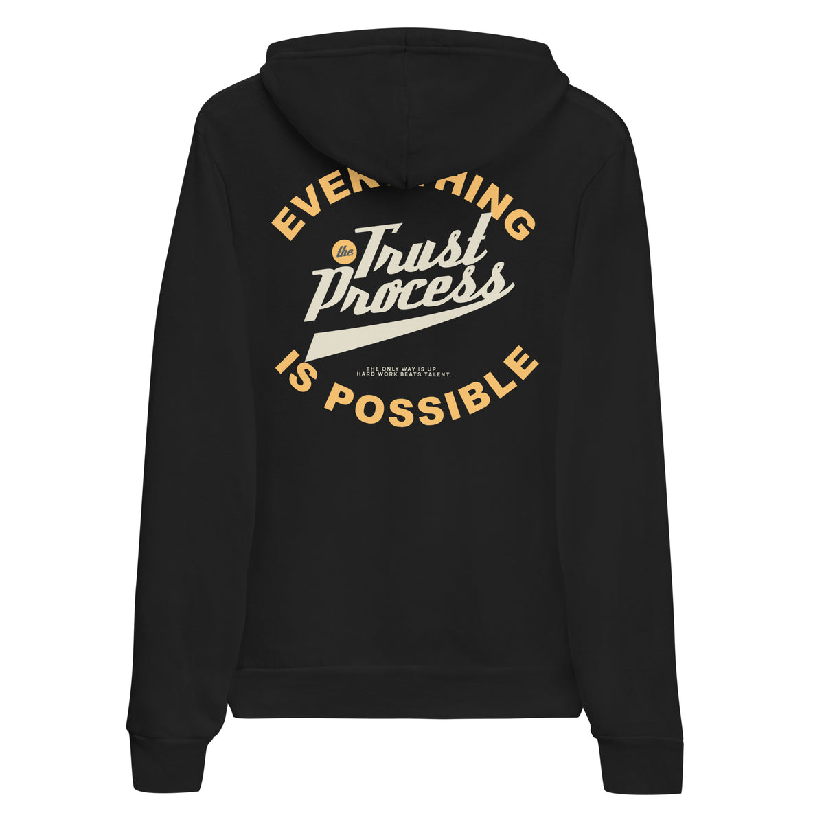 A black pullover hoodie shown from the back, featuring a large graphic print with the words 'EVERYTHING Trust Process IS POSSIBLE' in white and gold lettering.