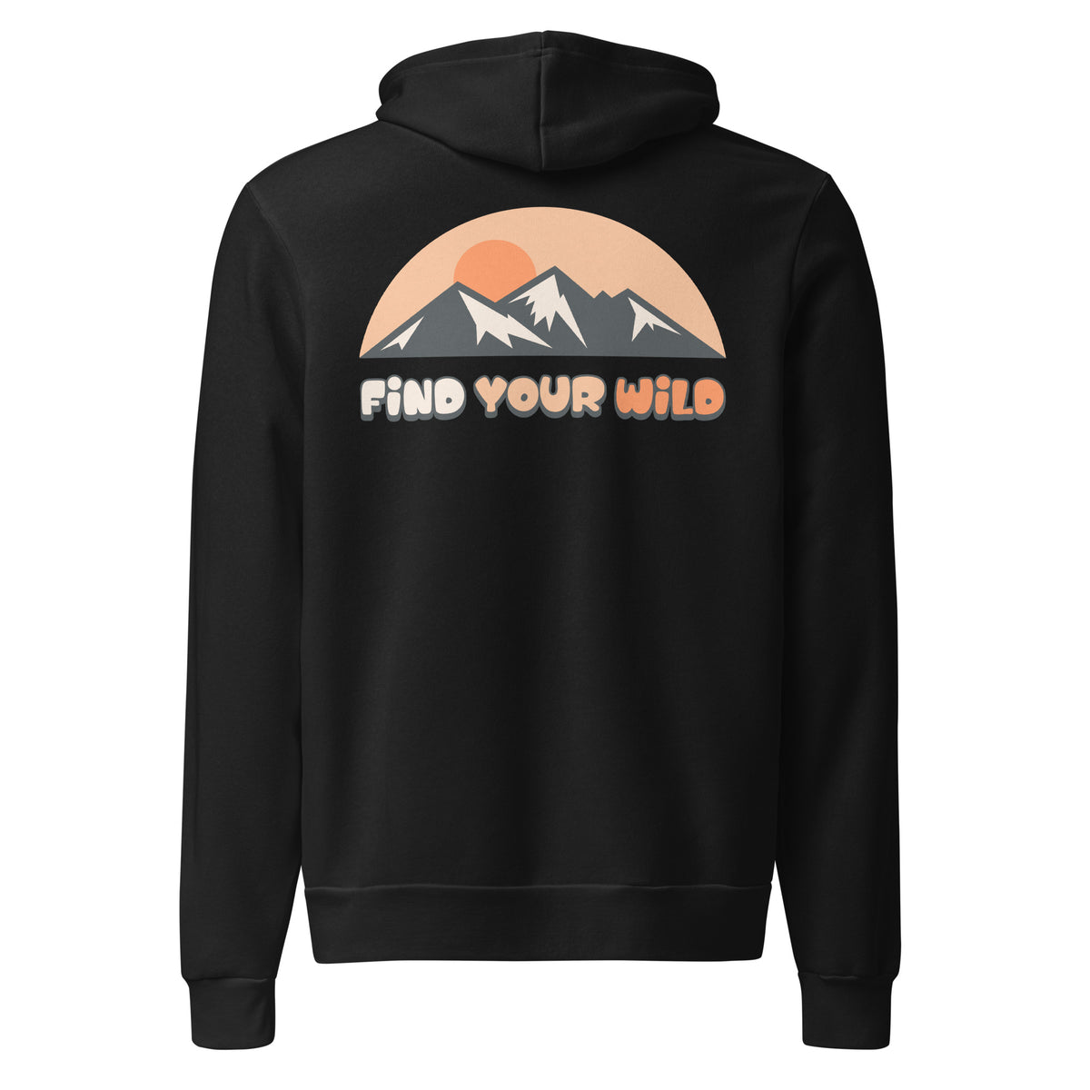 A black pullover hoodie shown from the back, featuring a graphic print of a mountain range, a retro-style orange sun, and the text 'FIND YOUR WILD' in orange and white.
