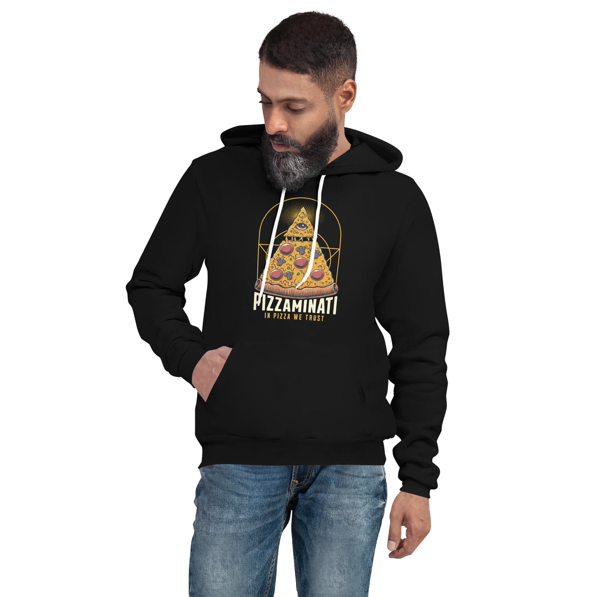 Buy Pizza Illuminati: In Pizza We Trust Graphic Hoodie Sale today for standout comfort, bold style, and pizza-loving humor. Shop the sale now.