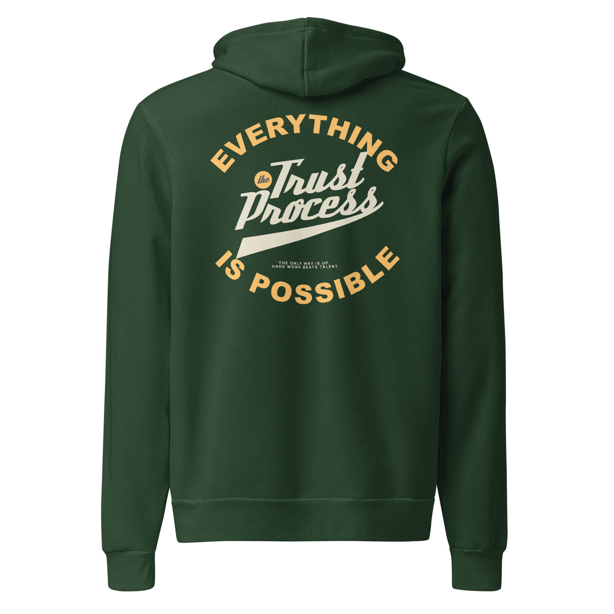 A dark green hoodie shown from the back, featuring a large graphic print with the words 'EVERYTHING Trust Process IS POSSIBLE' in yellow and white.