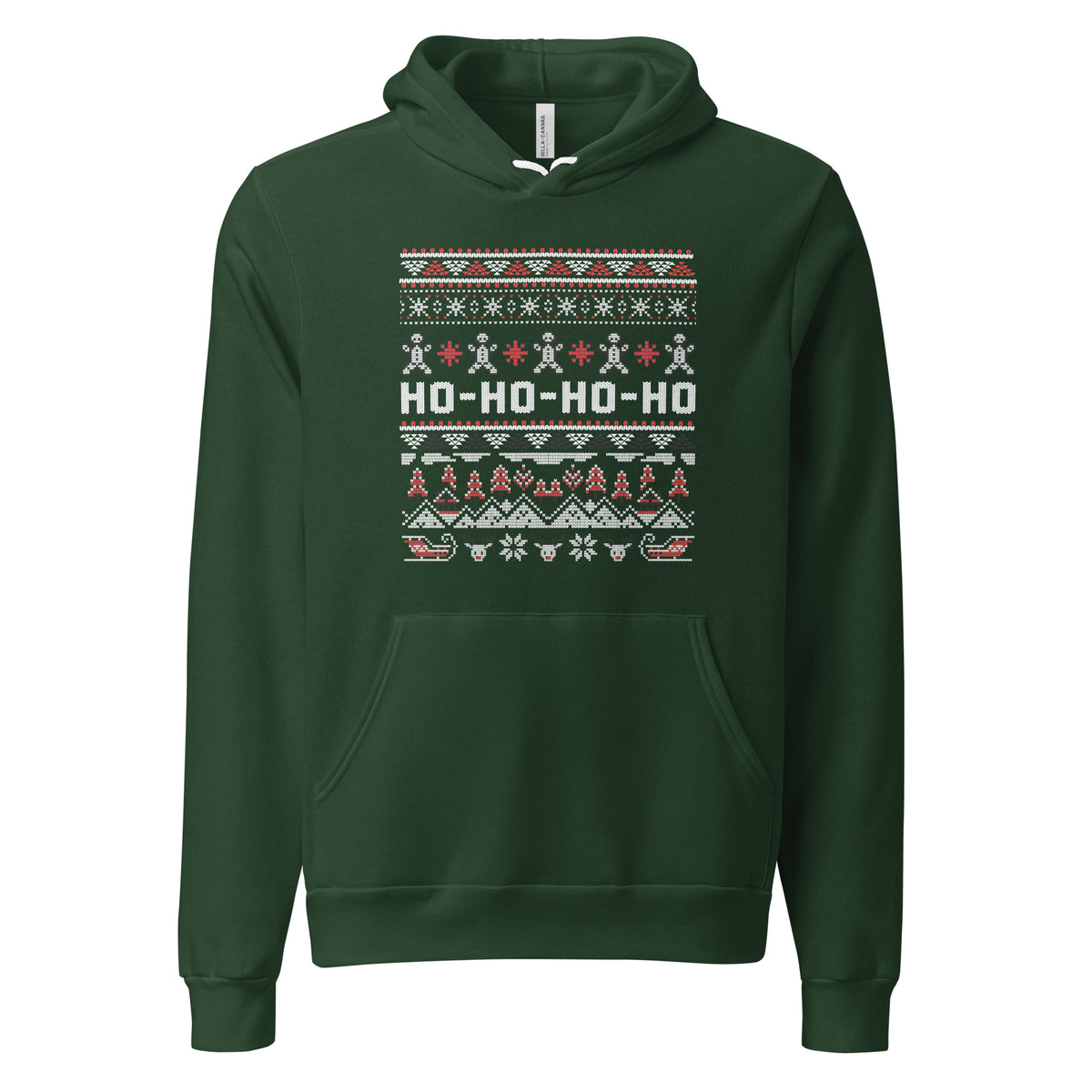 A dark green pullover hoodie with a festive Christmas-themed graphic on the chest featuring the text 'HO-HO-HO-HO' in white, surrounded by red and white holiday patterns.
