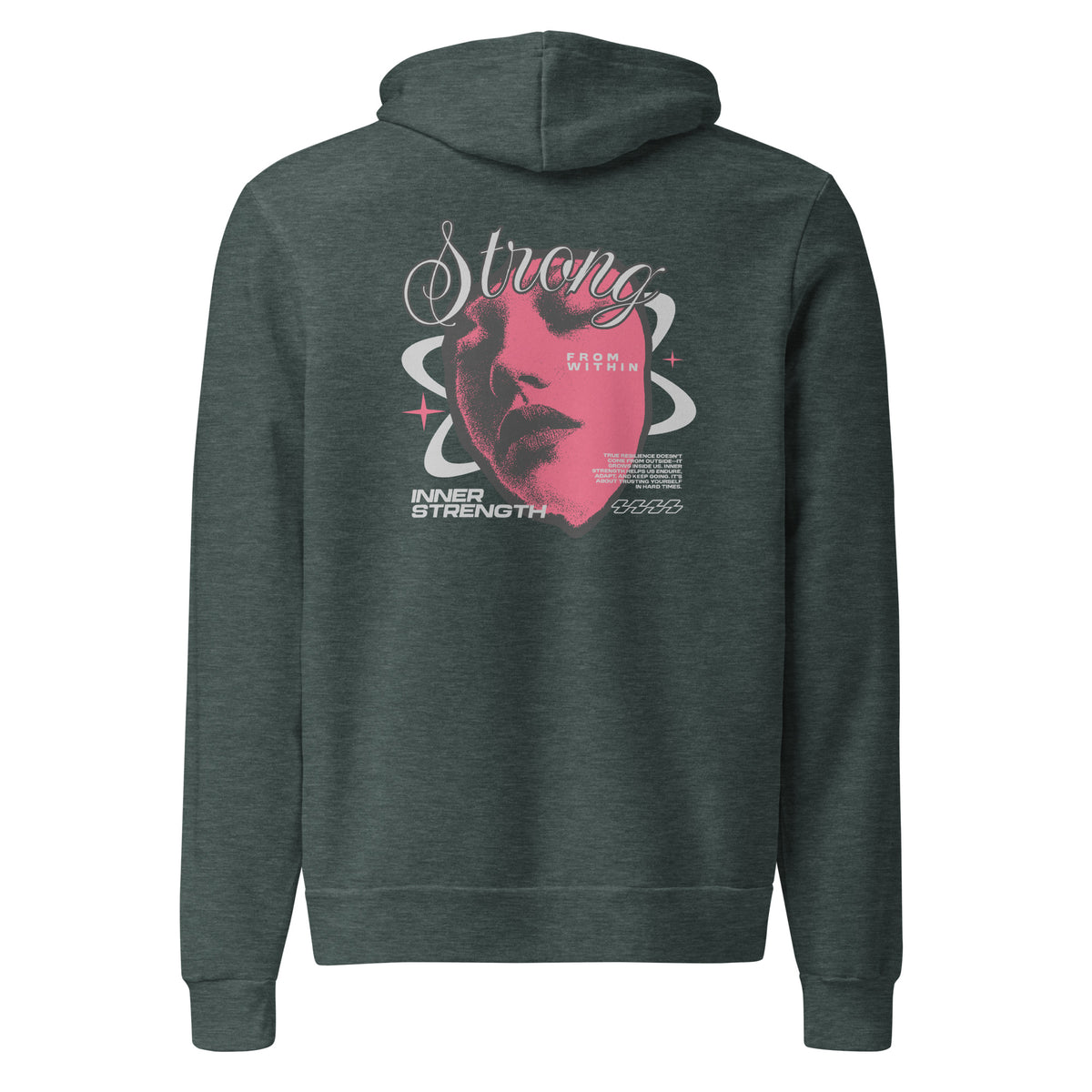 A dark heather gray hoodie shown from the back, featuring a large graphic print with a pink face silhouette, white script text reading 'Strong', and smaller white text elements.