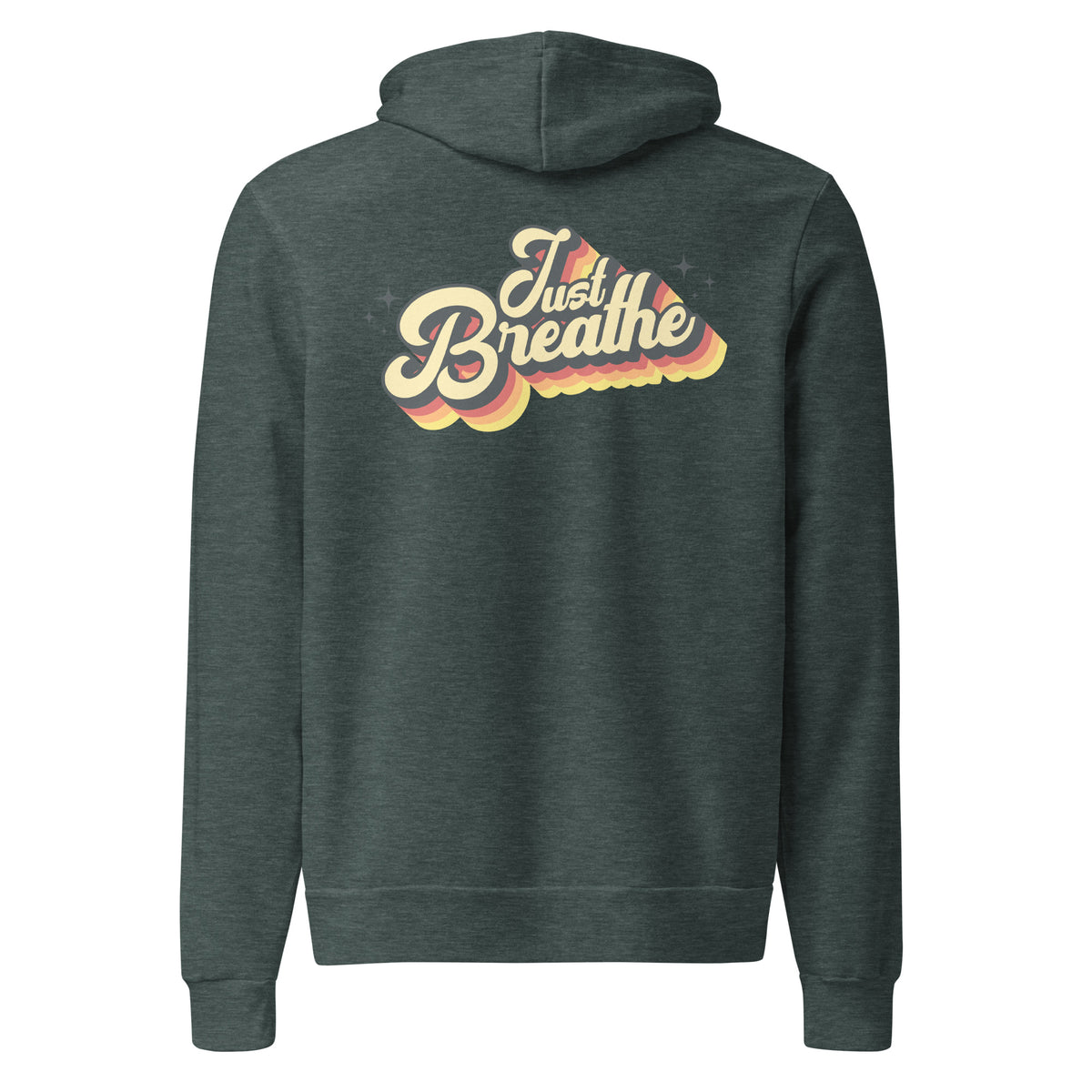 A dark heather gray hoodie shown from the back, featuring a retro-style graphic with the words 'Just Breathe' in cream, yellow, and orange tones.