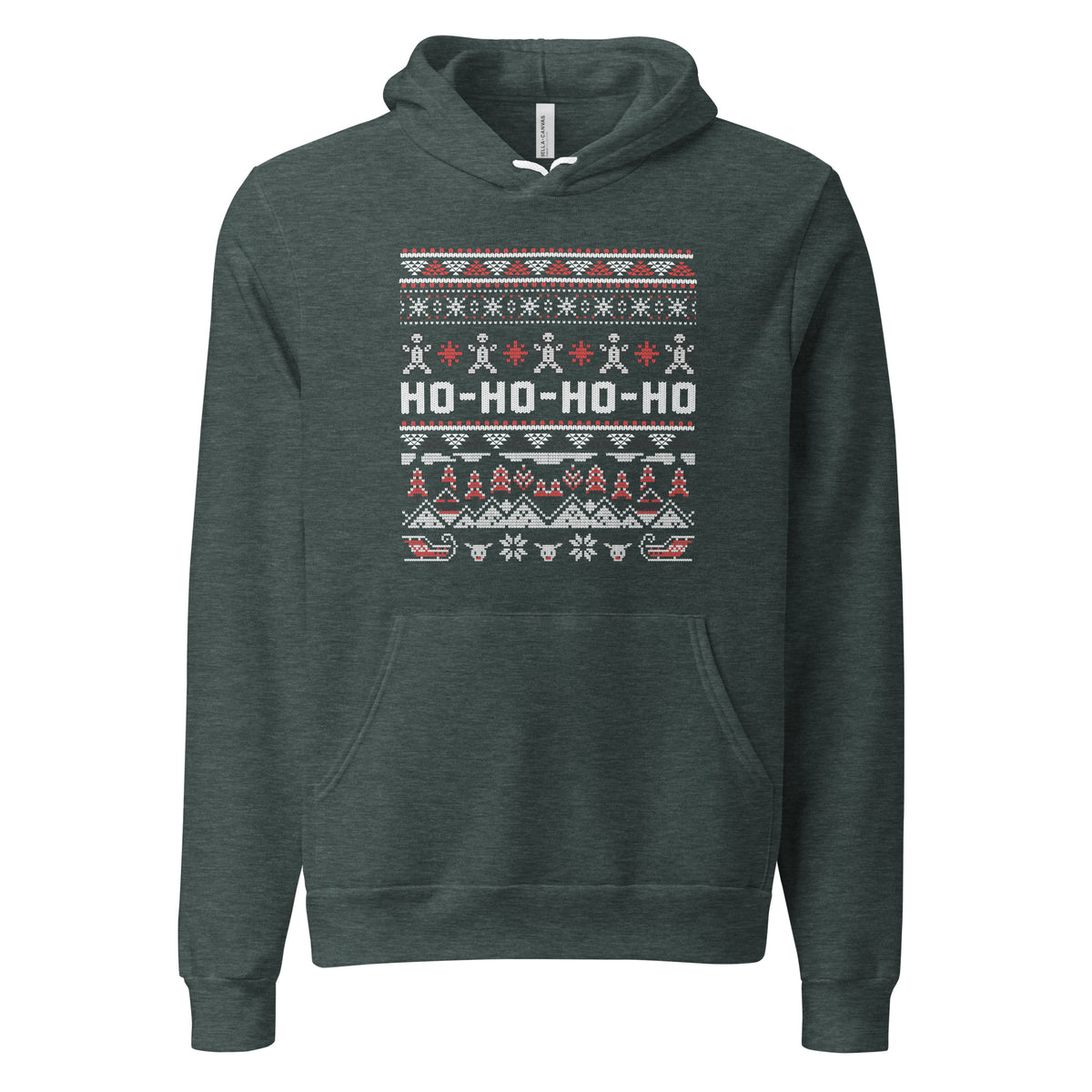 A dark heather green pullover hoodie featuring a festive Christmas-themed graphic print on the chest with the text 'HO-HO-HO-HO' and holiday patterns.