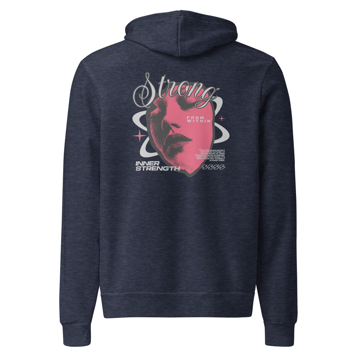 A navy blue heather hoodie shown from the back, featuring a large graphic print with a pink face, white text reading 'Strong', and smaller white text and line art.