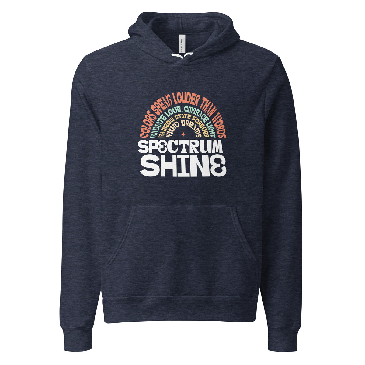A navy blue heather pullover hoodie with a graphic print on the chest. The graphic features the text 'SPECTRUM SHINE' in white, with 'SPECTRUM' in a circular rainbow gradient above it.