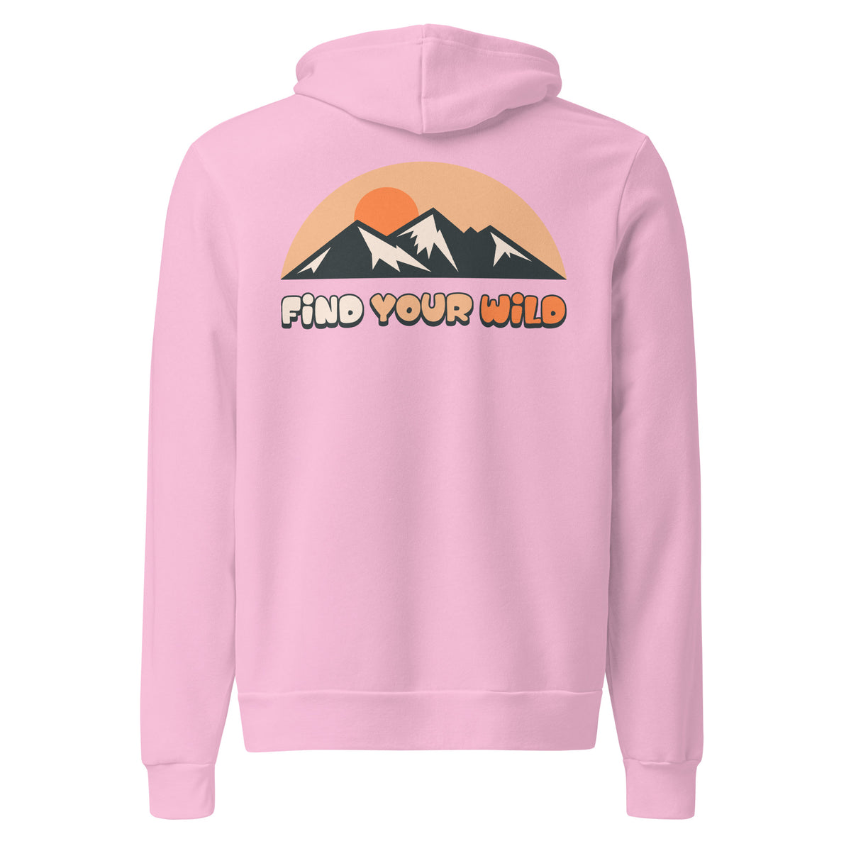 A light pink pullover hoodie shown from the back, featuring a retro mountain and sun graphic with the text 'FIND YOUR WILD' in orange and dark gray.